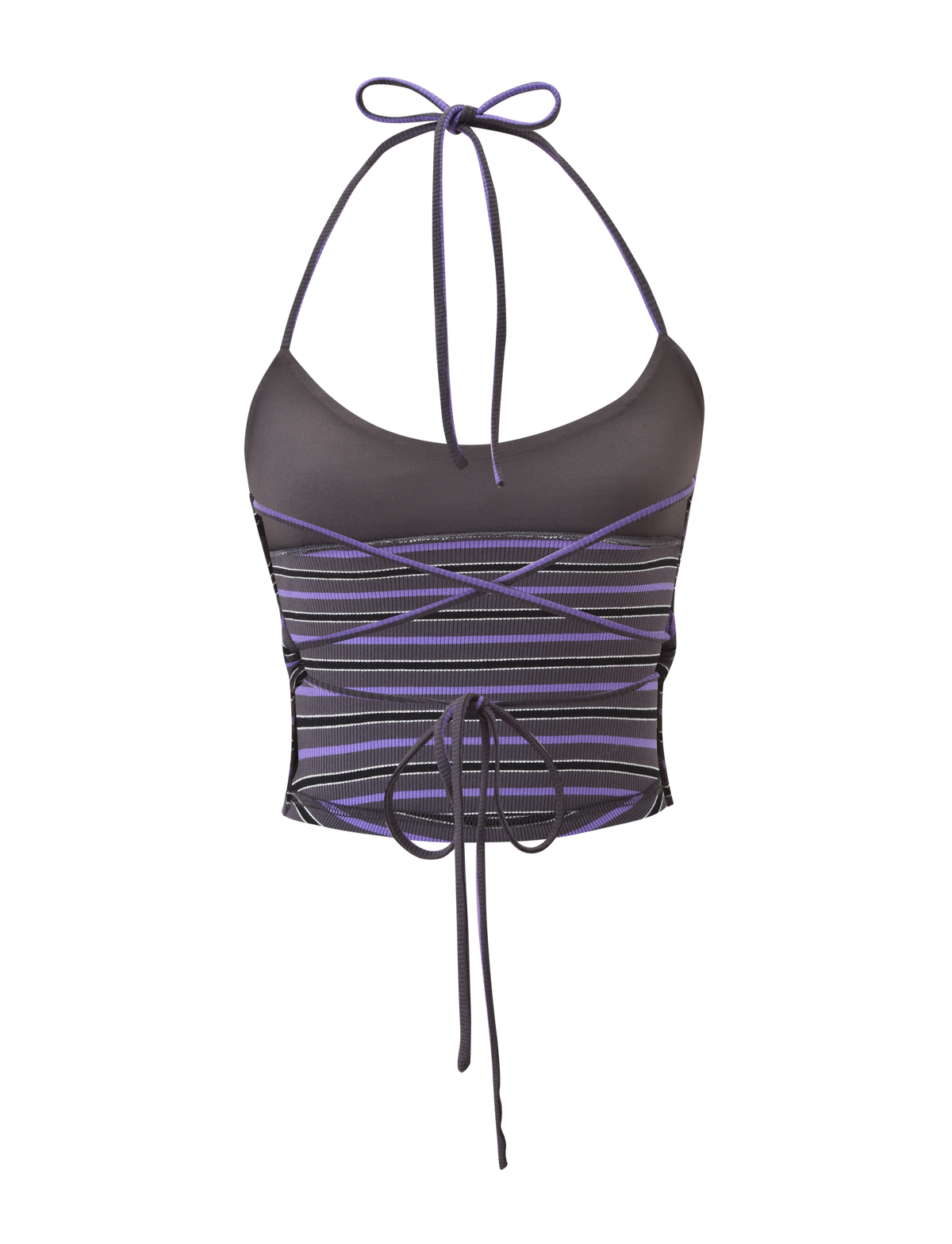 The TIGERMIST CERYS RIB TOP - GREY STRIPE is a sleeveless, fitted crop top with a halter neck tie, scoop neckline, front wrap-around laces, and ribbed knit fabric in black with bold purple and white stripes.