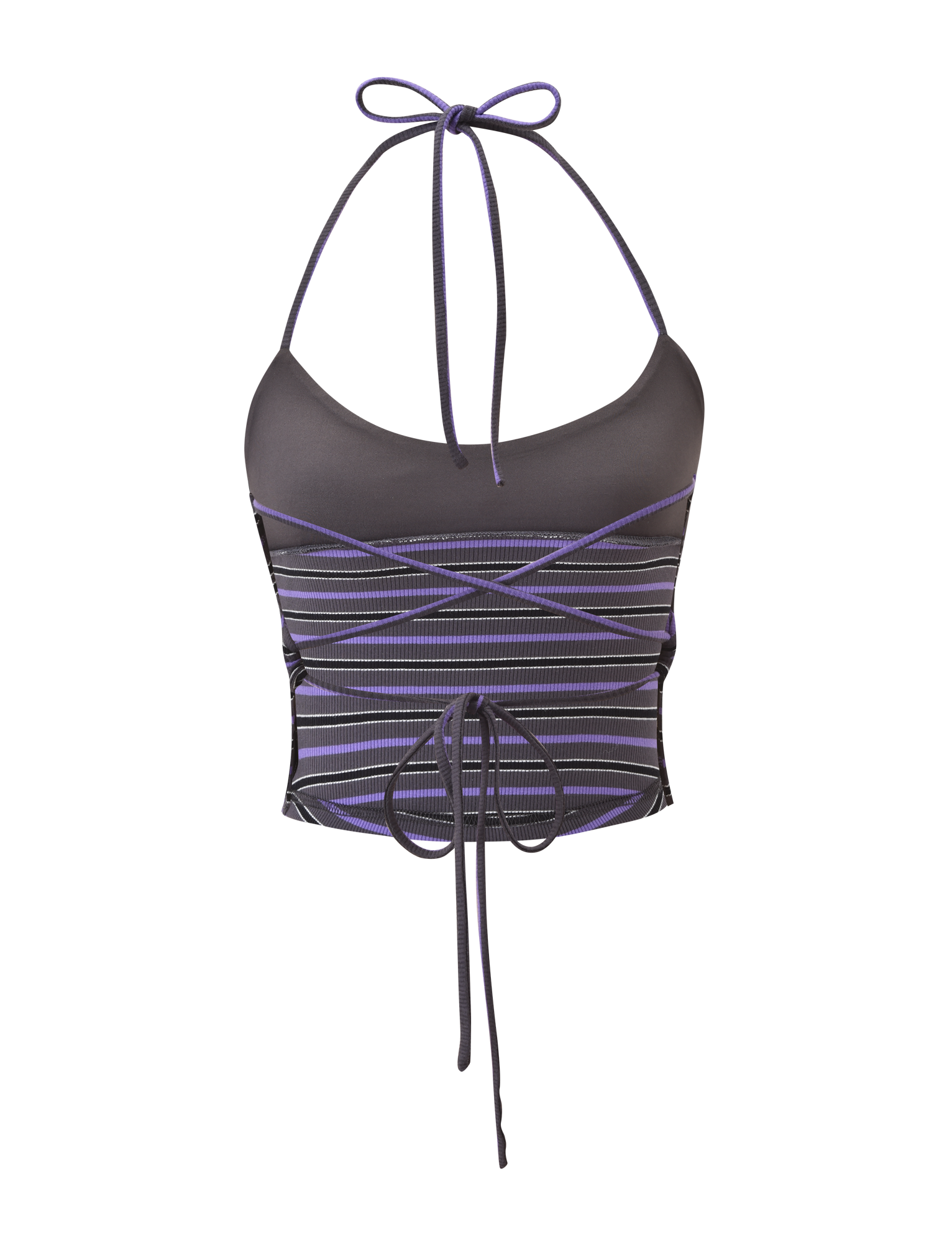 The TIGERMIST CERYS RIB TOP - GREY STRIPE is a sleeveless, fitted crop top with a halter neck tie, scoop neckline, front wrap-around laces, and ribbed knit fabric in black with bold purple and white stripes.