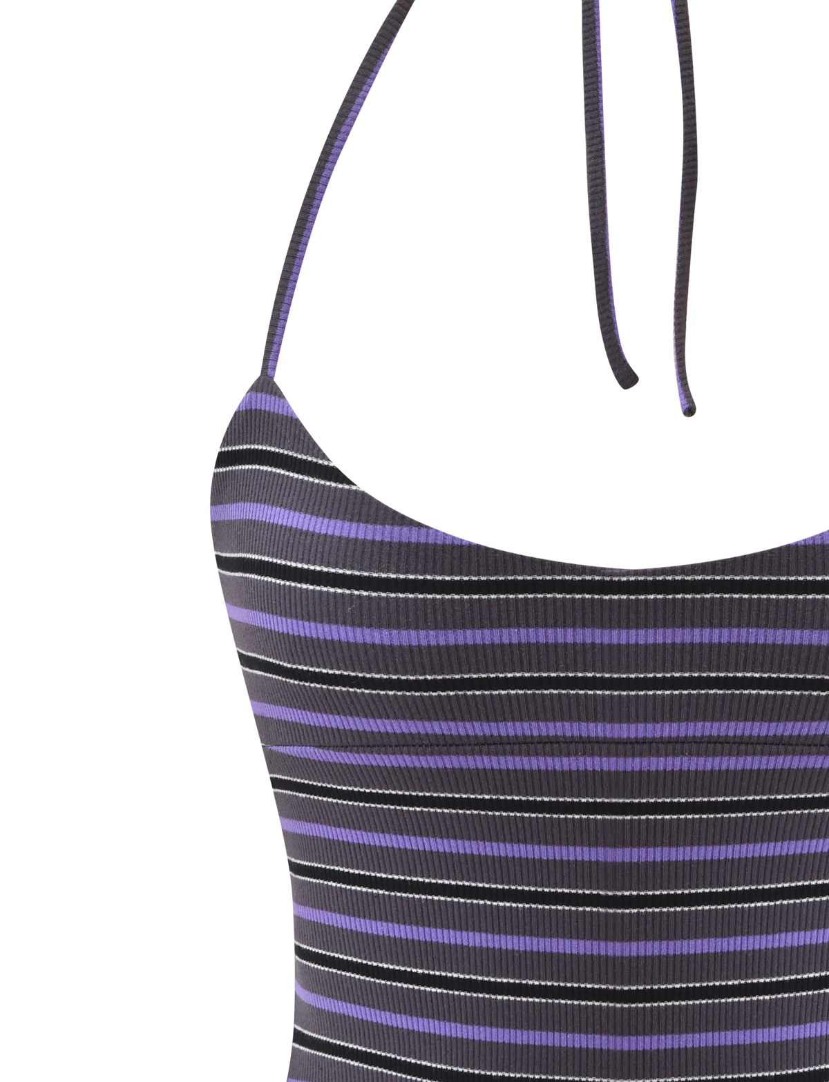 A close-up of the TIGERMIST CERYS RIB TOP in grey stripe, a sleeveless ribbed knit design with thin straps and horizontal black, purple, and white stripes.