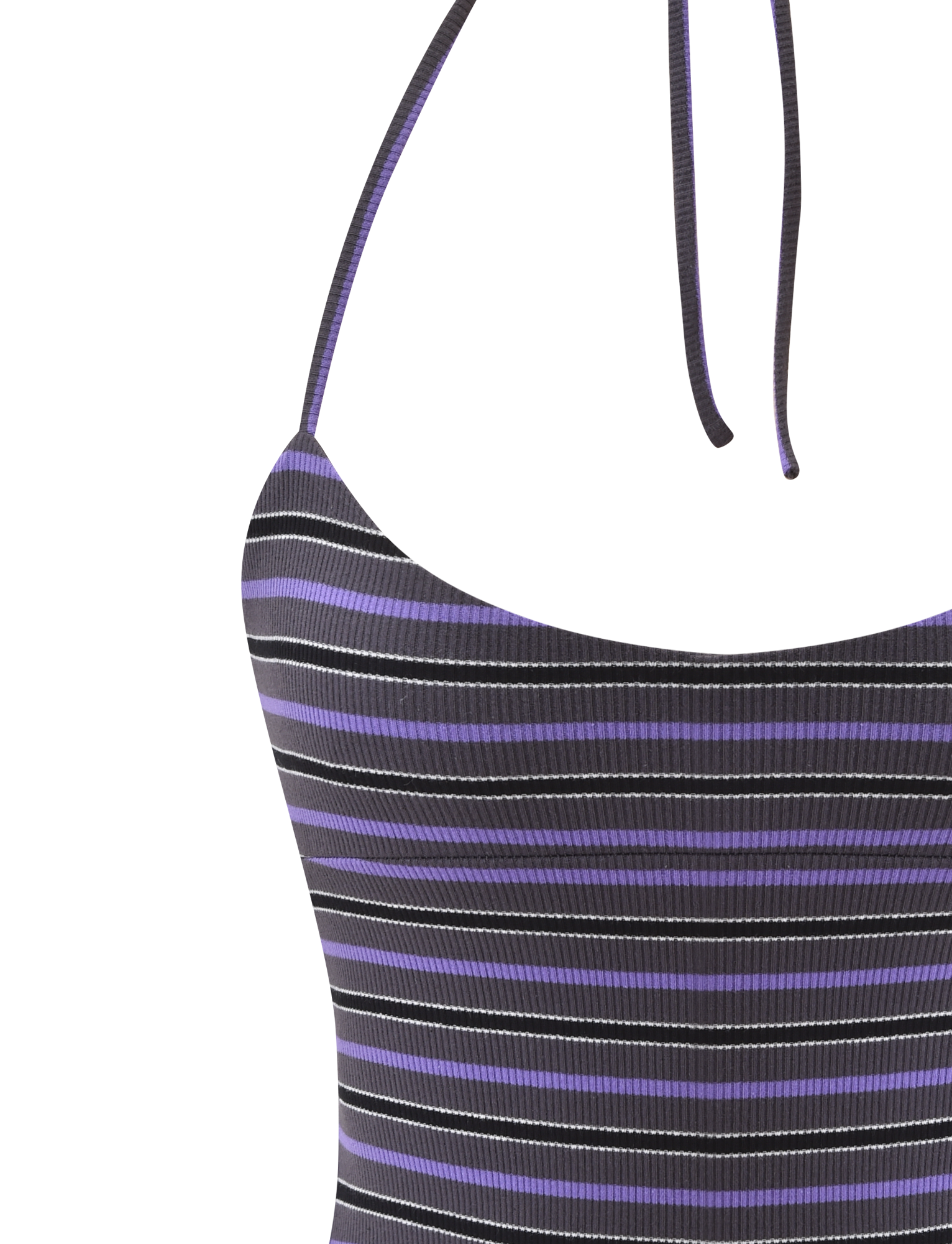 A close-up of the TIGERMIST CERYS RIB TOP in grey stripe, a sleeveless ribbed knit design with thin straps and horizontal black, purple, and white stripes.