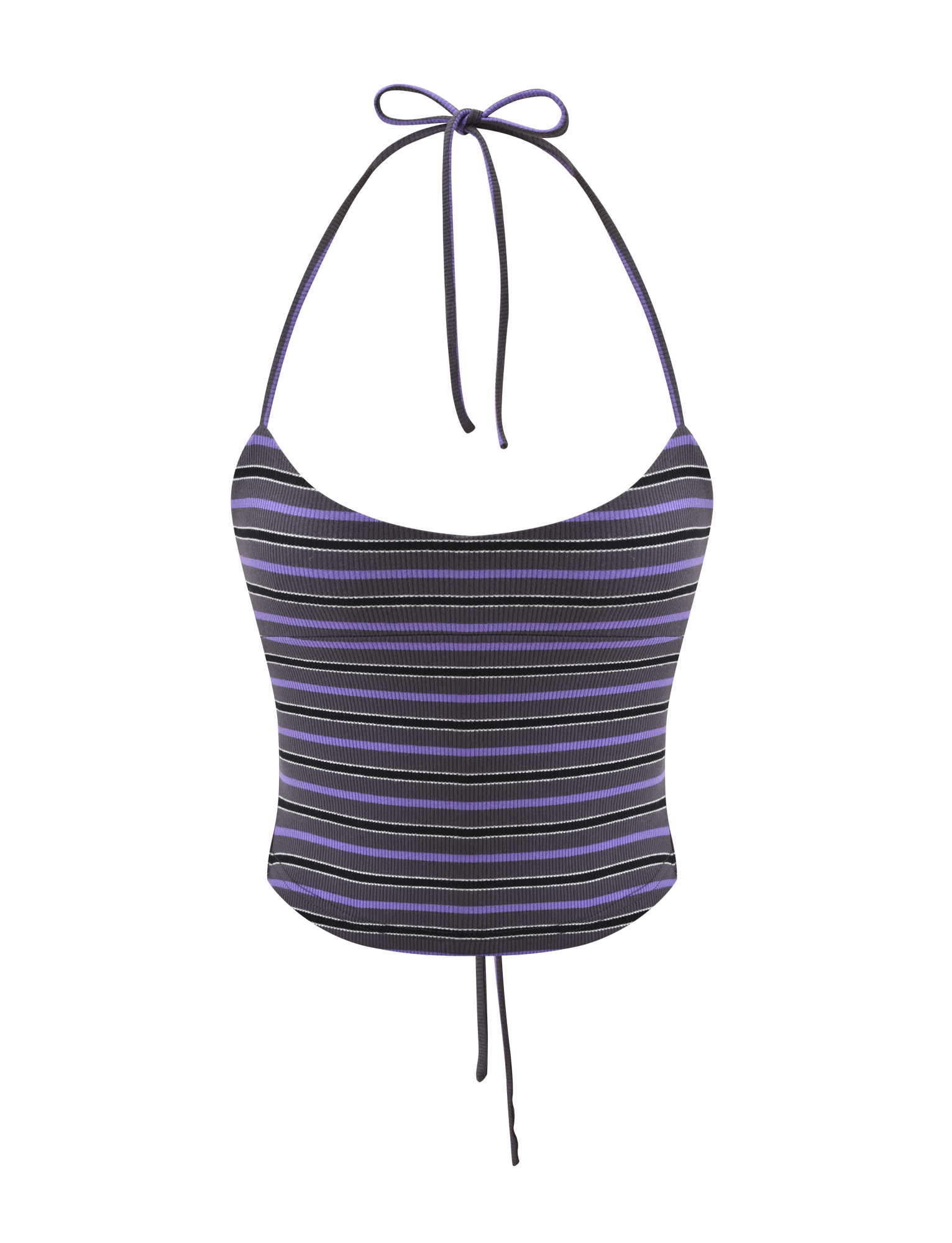 The CERYS RIB TOP - GREY STRIPE by TIGERMIST is a ribbed knit halter crop top with grey-toned stripes, featuring a neck tie, waist drawstring, and classic halter styling.