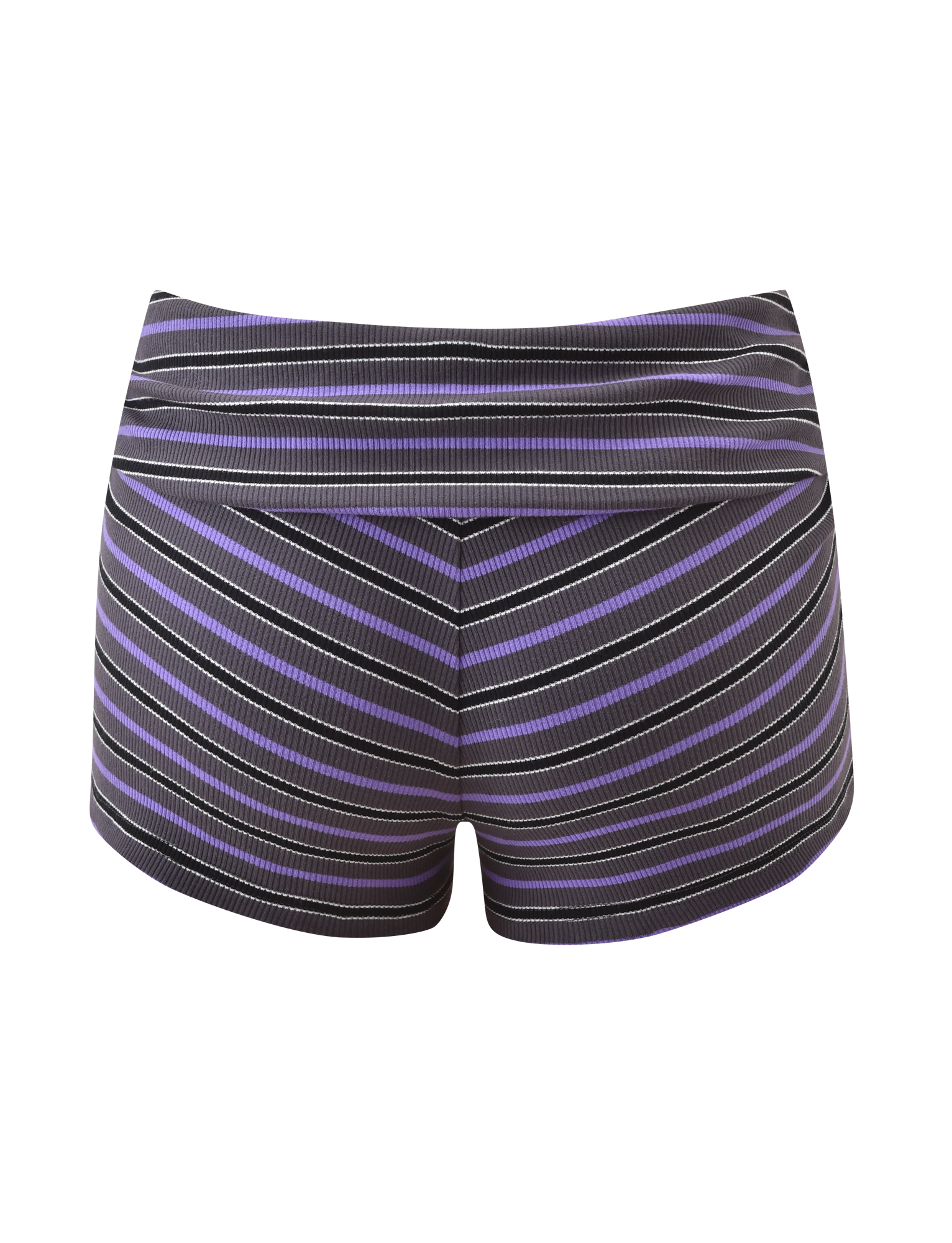 The TIGERMIST CERYS RIB SHORT - GREY STRIPE is a pair of super mini shorts with diagonal grey, black, and white stripes and a fitted ribbed knit design, shown from the back against a plain white background.