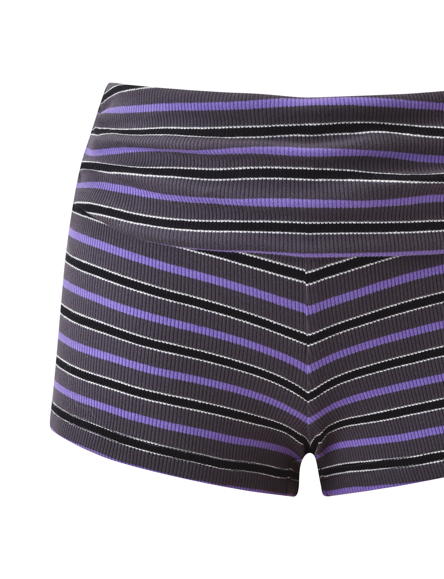 A close-up of the TIGERMIST CERYS RIB SHORT - GREY STRIPE, high-waisted mini shorts with ribbed knit fabric and grey-striped pattern, photographed against a plain white background.