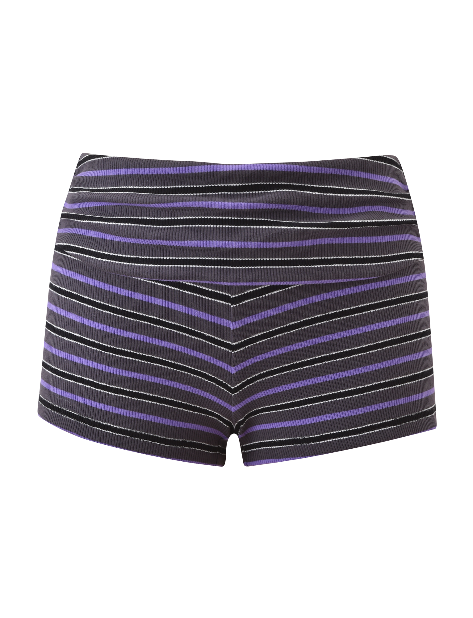 The TIGERMIST CERYS RIB SHORT - GREY STRIPE is a high-waisted, fitted ribbed knit mini short featuring horizontal grey stripes, shown against a plain white background.