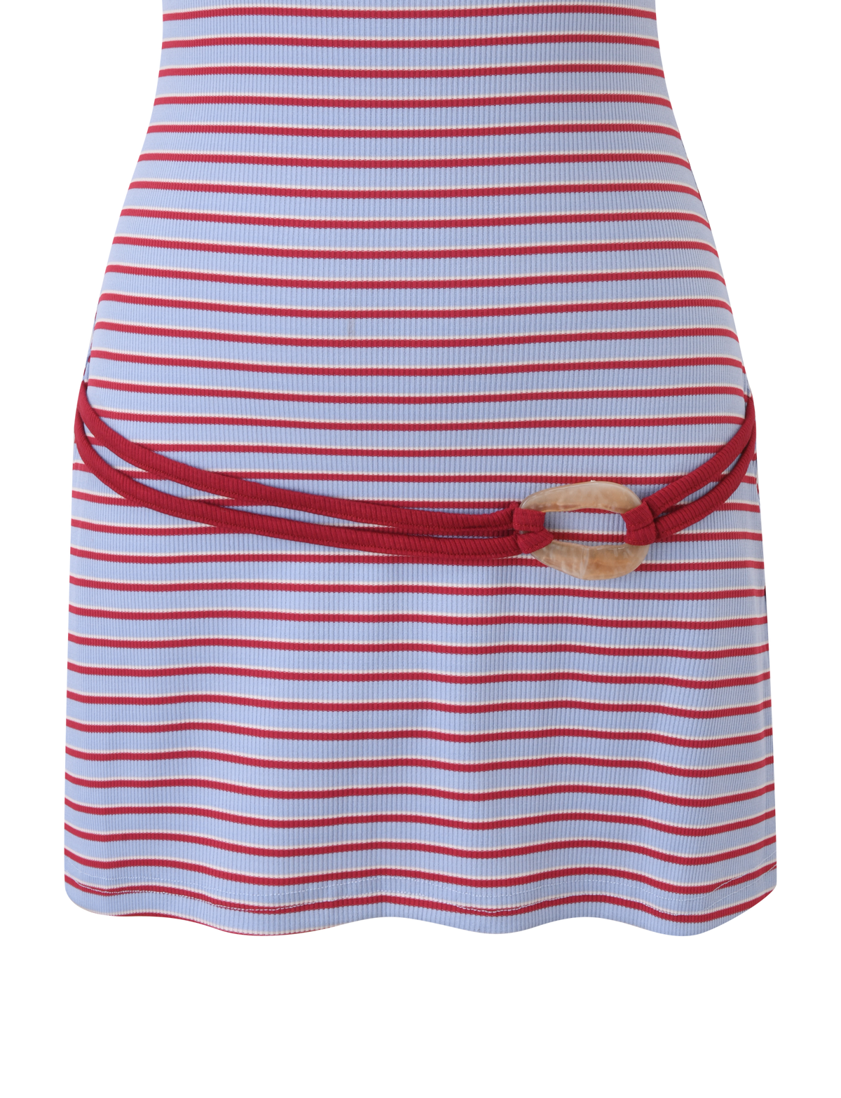 A close-up of the TIGERMIST CELESTE MINI DRESS - RED STRIPE, showcasing horizontal red and white ribbed stripes and a red rope belt with a large round light-colored buckle at the waist.