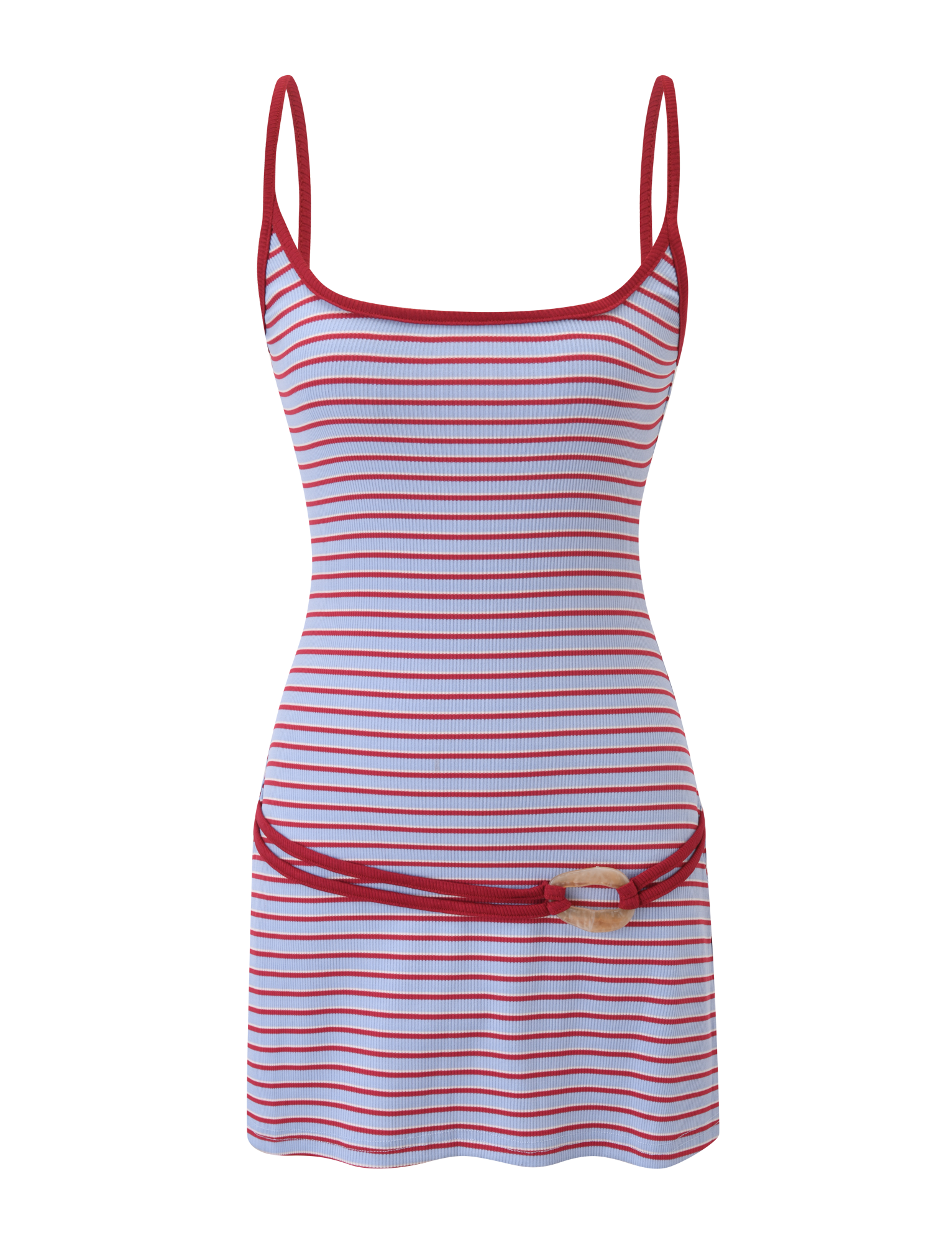 The TIGERMIST CELESTE MINI DRESS - RED STRIPE features a sleeveless, fitted ribbed design with red adjustable straps, scoop neckline, and horizontal red, white, and lavender stripes. Finished with a red waist belt and wooden buckle.