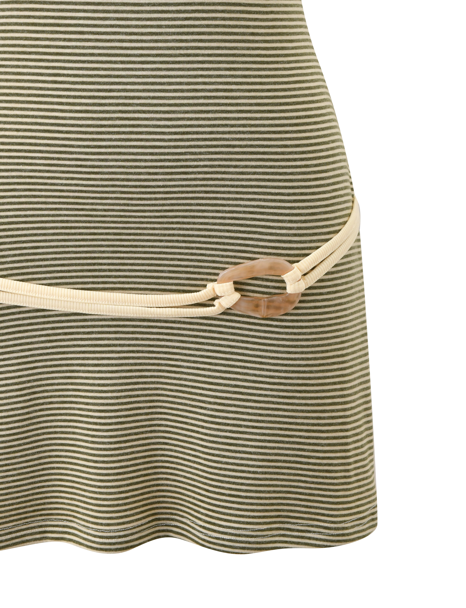 Close-up of the TIGERMIST CELESTE MINI DRESS - OLIVE STRIPE, a green and white striped mini dress with a thin beige cord belt and round marbled buckle detail at the hip.