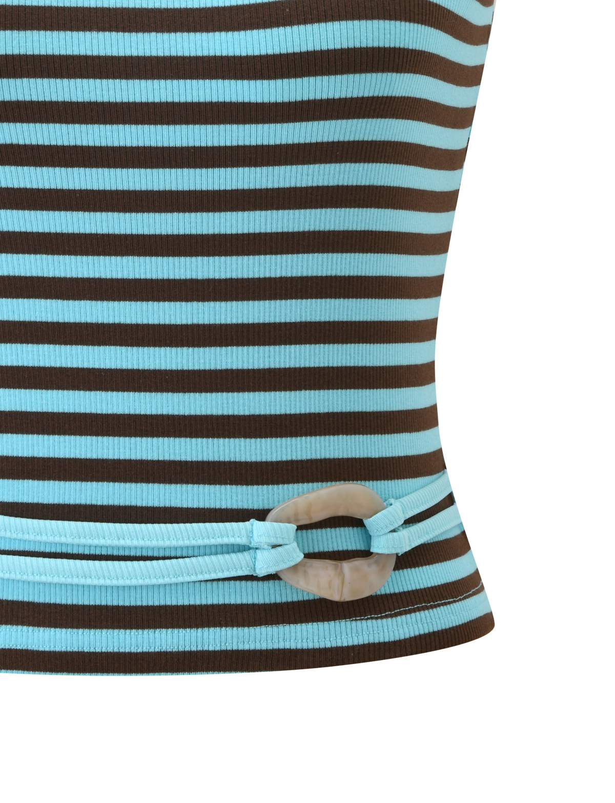 The TIGERMIST CELESTE TOP 2.0 - BLUE STRIPE features ribbed fabric with horizontal brown and light blue stripes, a decorative beige oval ring, and gathered detailing near the hem.