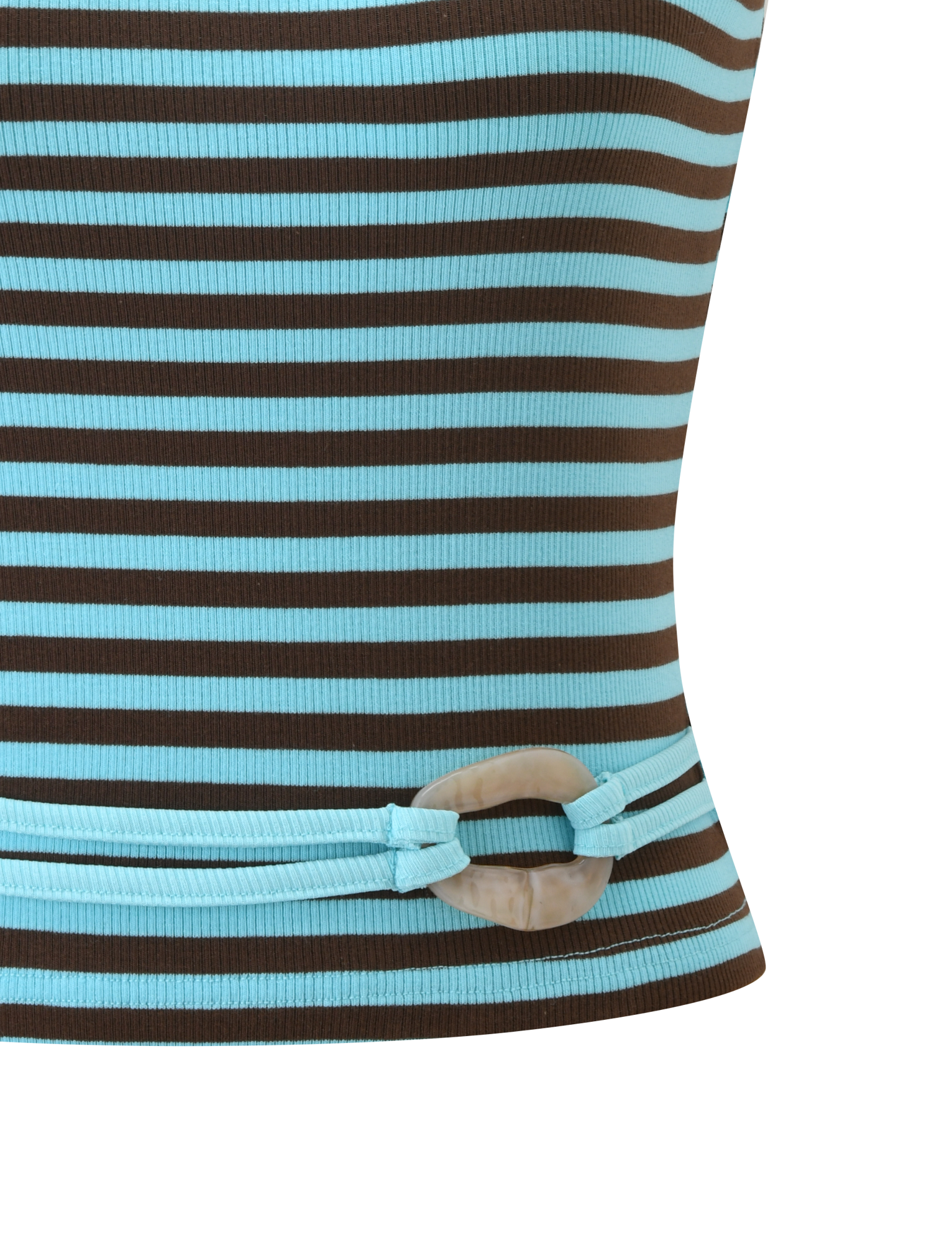 The TIGERMIST CELESTE TOP 2.0 - BLUE STRIPE features ribbed fabric with horizontal brown and light blue stripes, a decorative beige oval ring, and gathered detailing near the hem.