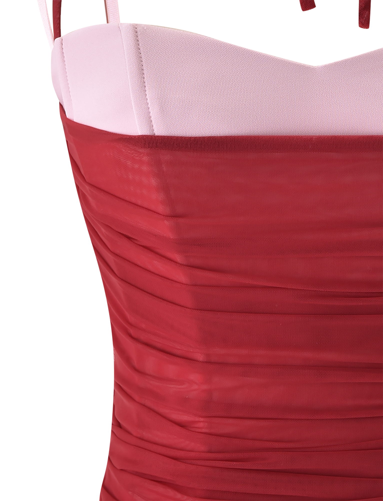 Close-up of the TIGERMIST CALINE RUCHED CORSET in red, showcasing a sweetheart neckline, thin double straps, and a fitted ruched overlay with smooth, slightly sheer fabric wrapping around the torso.
