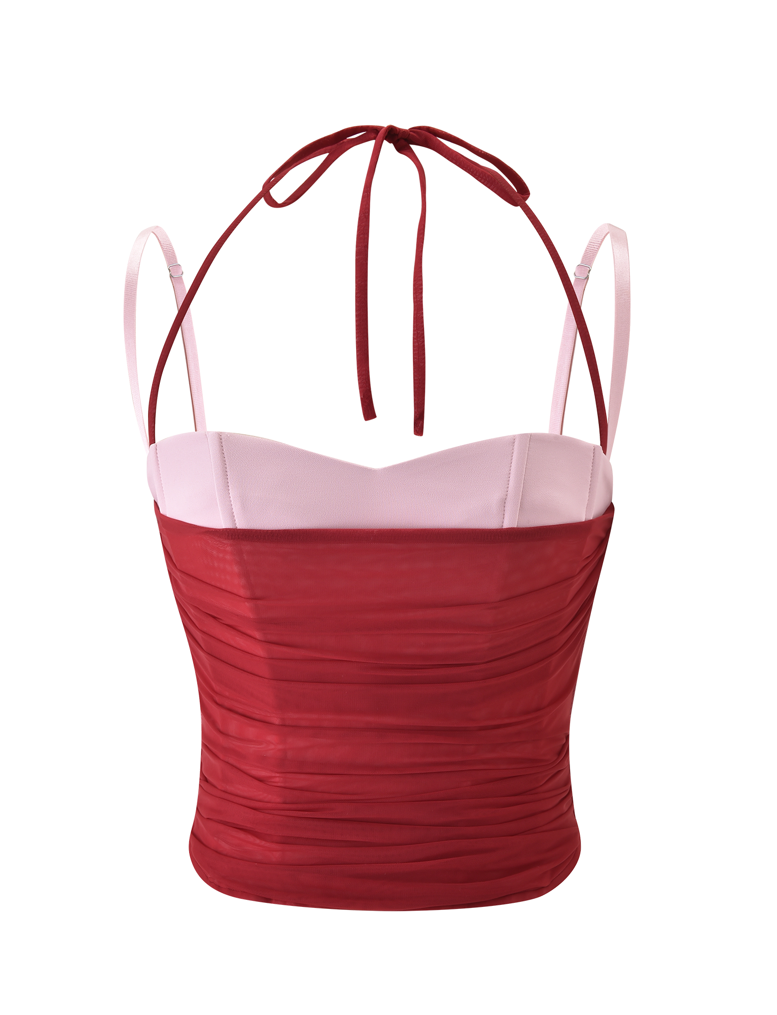 The CALINE RUCHED CORSET by TIGERMIST is a sleeveless, fitted crop top with a sweetheart neckline, light pink cups, ruched red bodice, and thin red halter neck ties, displayed on a plain white background.