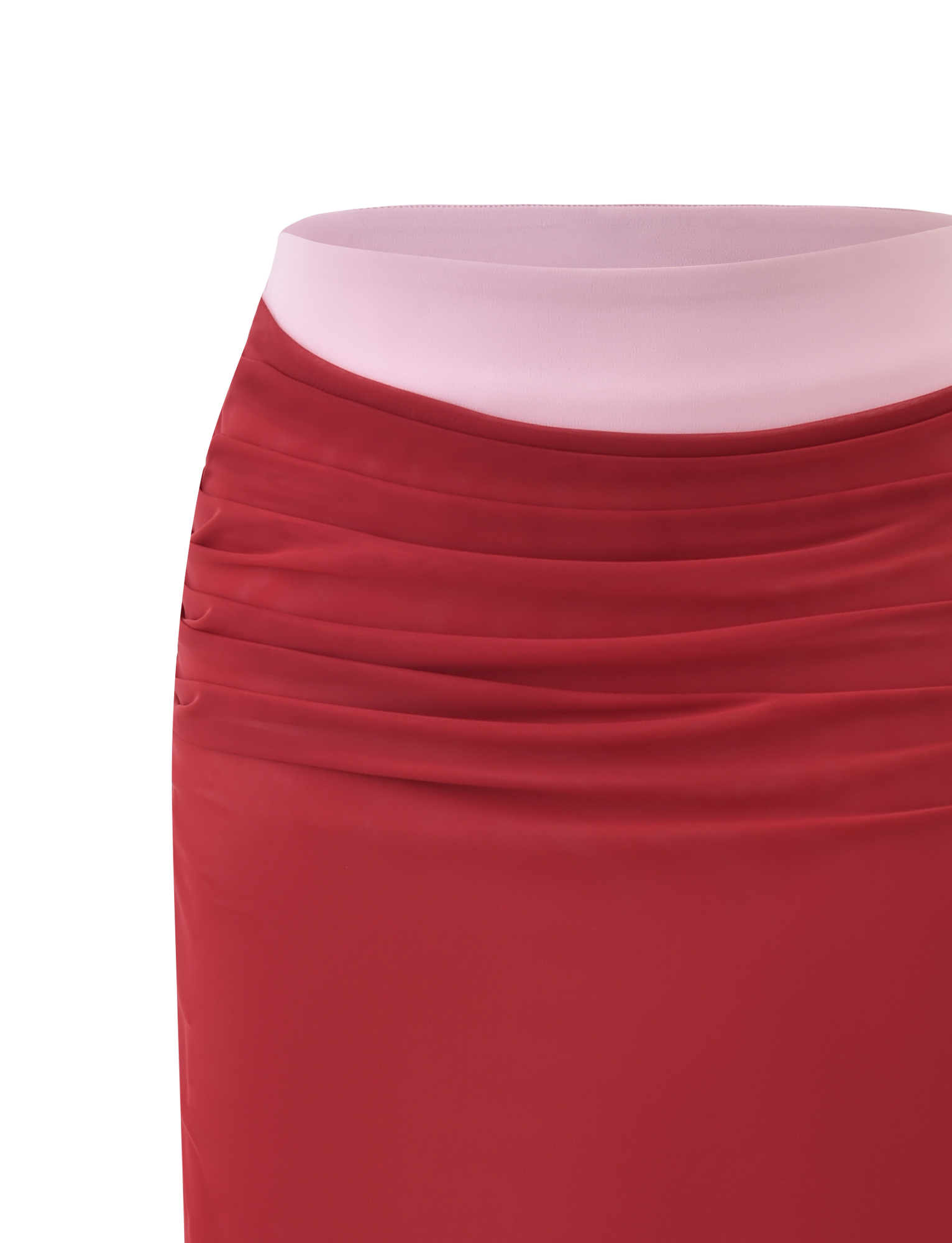 Close-up of the CALINE MIDI SKIRT - RED by TIGERMIST, featuring sheer red mesh fabric with gathered ruching near the light pink waistband, displayed against a white background.