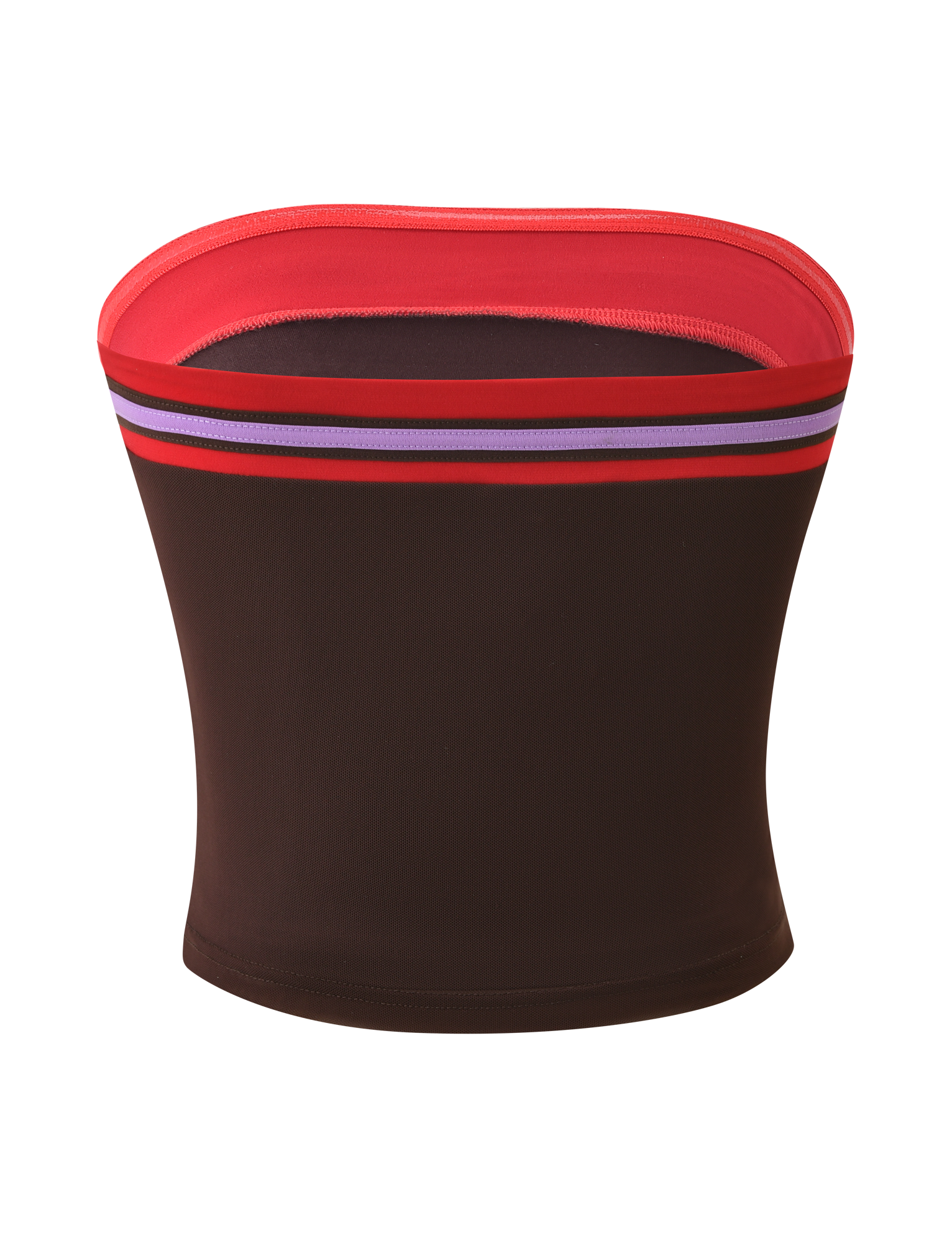 The TIGERMIST SERAH DIAMANTE BOOB TUBE - CHOCOLATE is a strapless, fitted brown top with a red upper edge, purple and red stripes near the top, an exclusive print, and photographed against a plain white background.