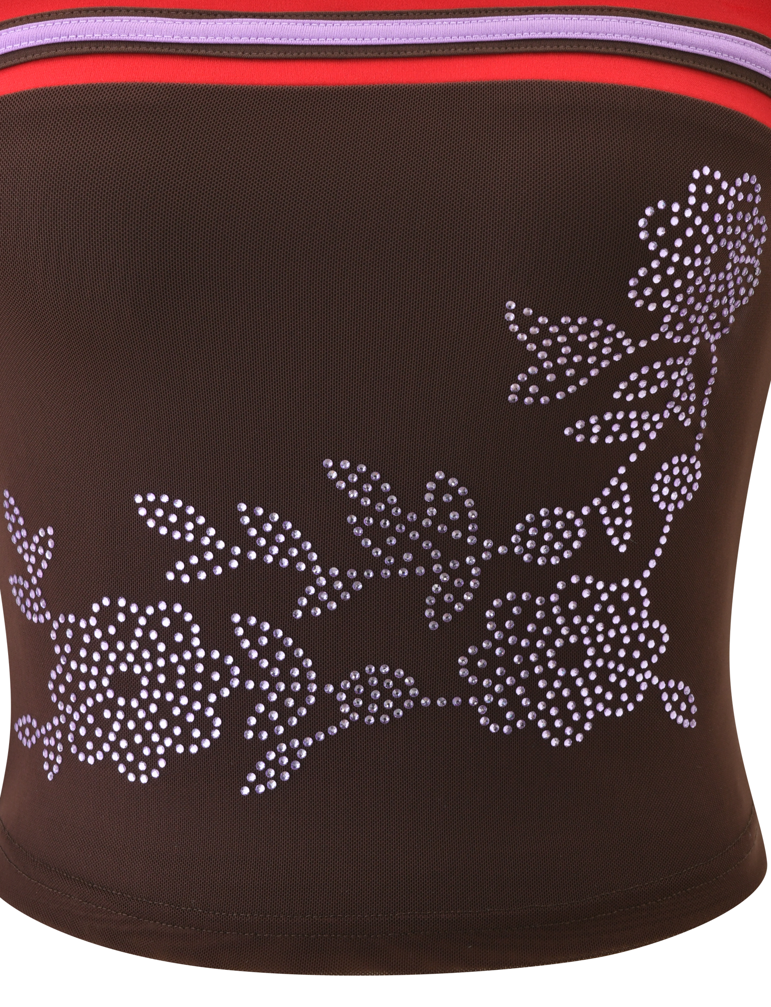 The SERAH DIAMANTE BOOB TUBE in Chocolate by TIGERMIST features brown mesh with white rhinestone floral artwork and red and purple stripes, making it a chic and exclusive choice.