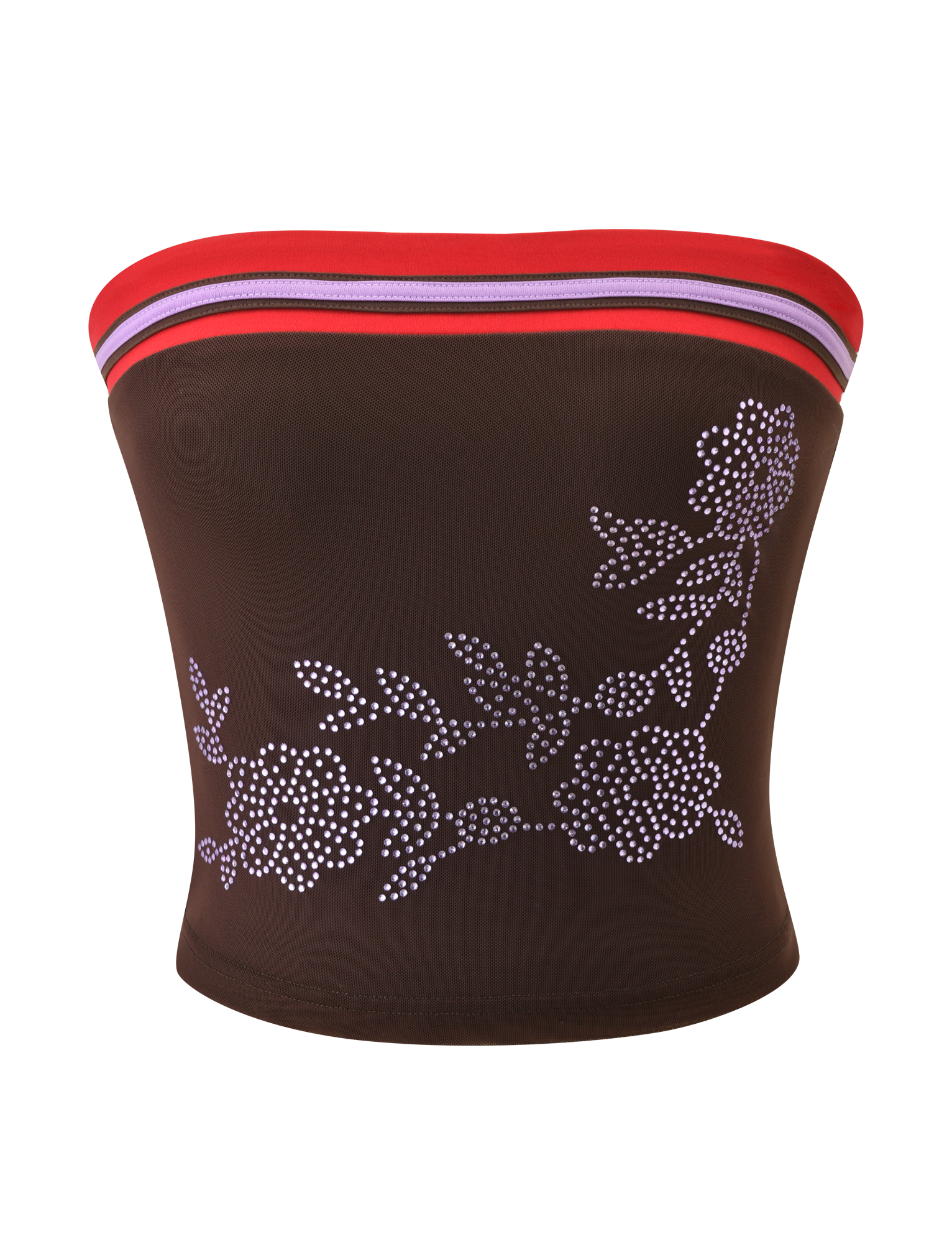 The SERAH DIAMANTE BOOB TUBE by TIGERMIST features a chocolate mesh fabric with a white floral dot design on the front and a red, purple, and white striped band at the top.