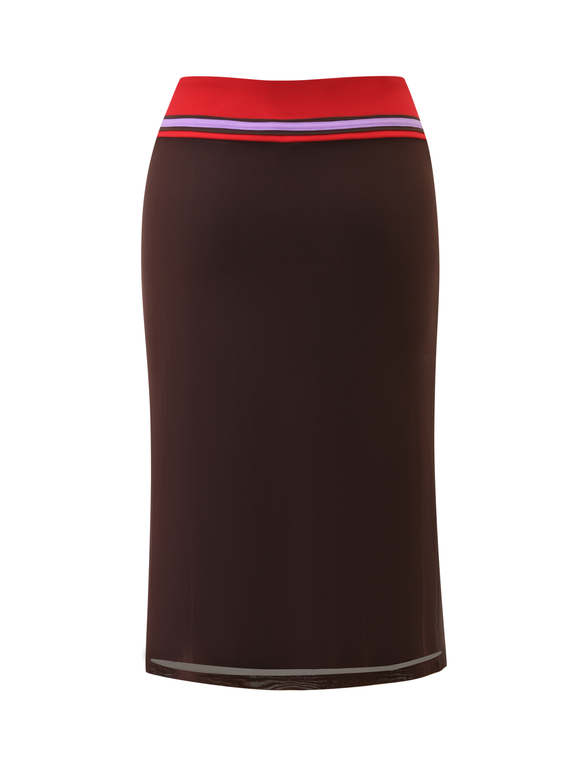 The TIGERMIST SERAH DIAMANTE MIDI SKIRT in chocolate is a sleek, knee-length mesh pencil skirt with a 90’s-inspired column silhouette and a high waistband accented by red, blue, and white stripes for a minimalist look.