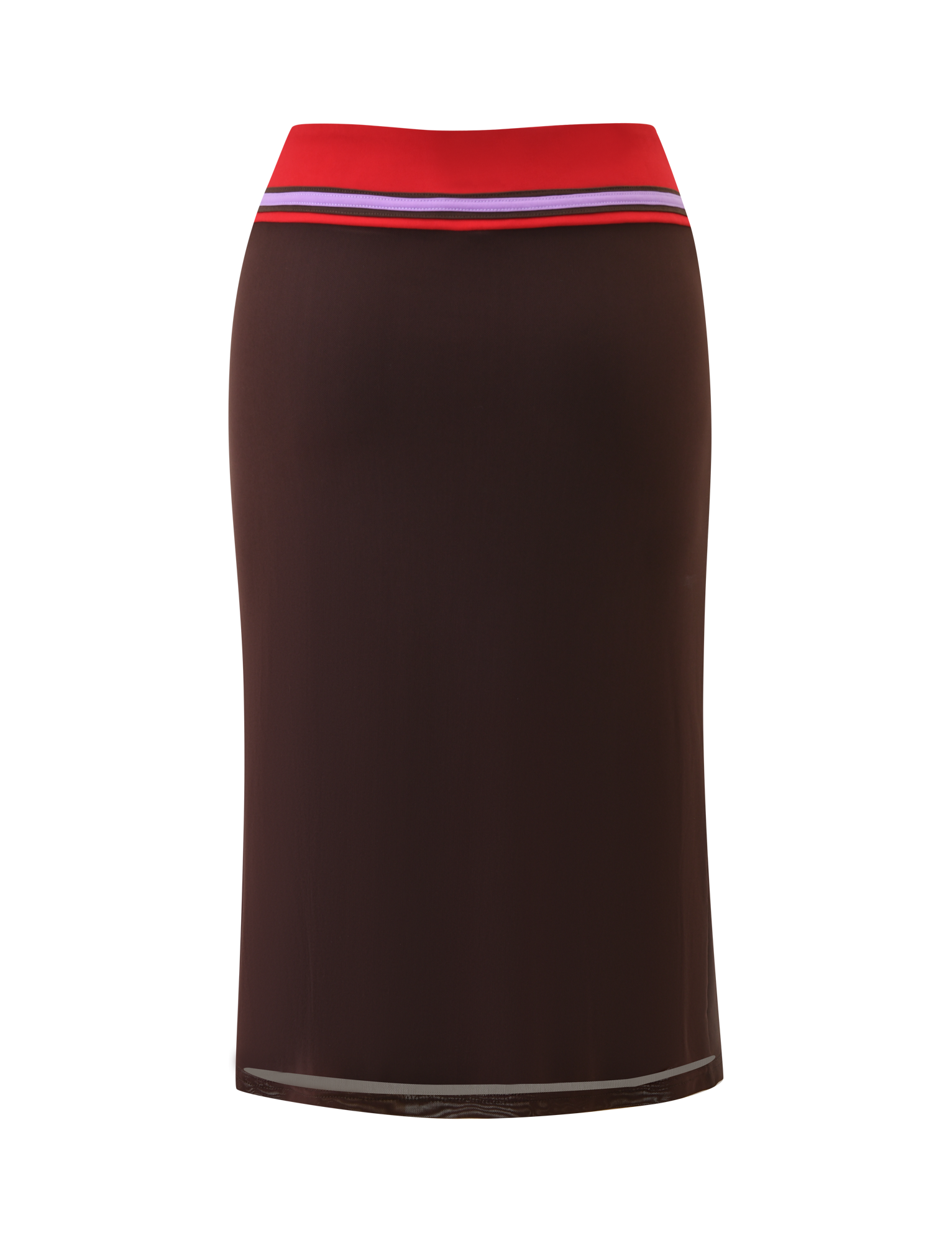 The TIGERMIST SERAH DIAMANTE MIDI SKIRT in chocolate is a sleek, knee-length mesh pencil skirt with a 90’s-inspired column silhouette and a high waistband accented by red, blue, and white stripes for a minimalist look.