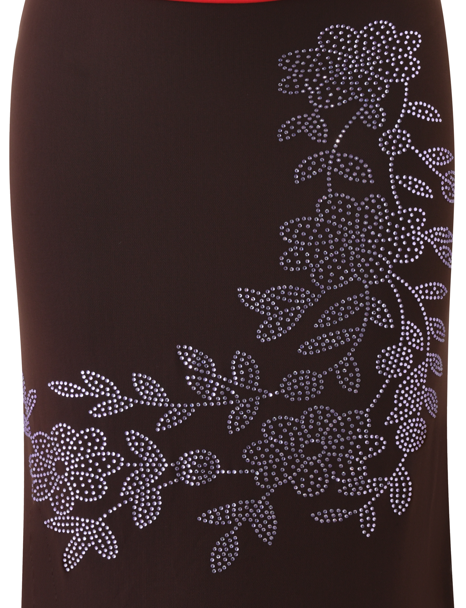 The SERAH DIAMANTE MIDI SKIRT - CHOCOLATE by TIGERMIST features chocolate brown mesh adorned with elegant floral diamante artwork and sparkling rhinestones, creating a chic 90's-inspired column silhouette.