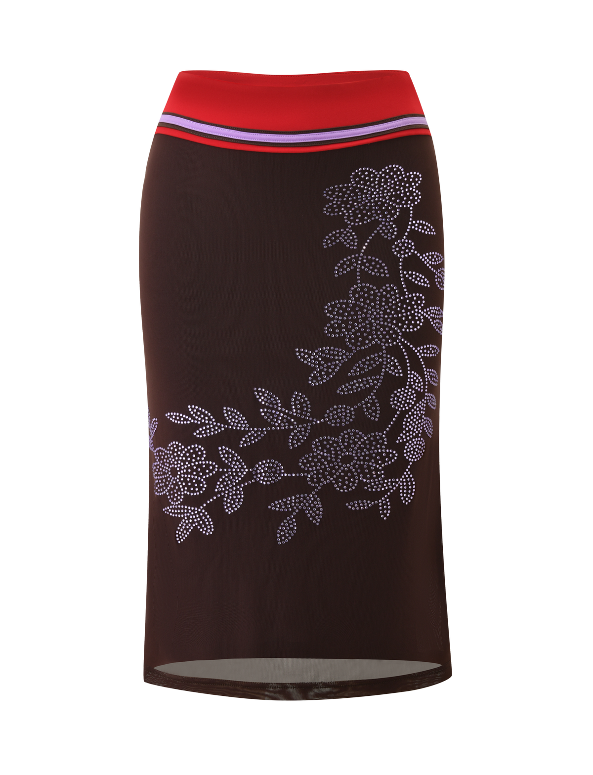 The TIGERMIST SERAH DIAMANTE MIDI SKIRT in chocolate is a mesh midi skirt with a red, blue, and pink striped waistband, a light purple floral detail on the right side, and a subtle 90's-inspired column silhouette.