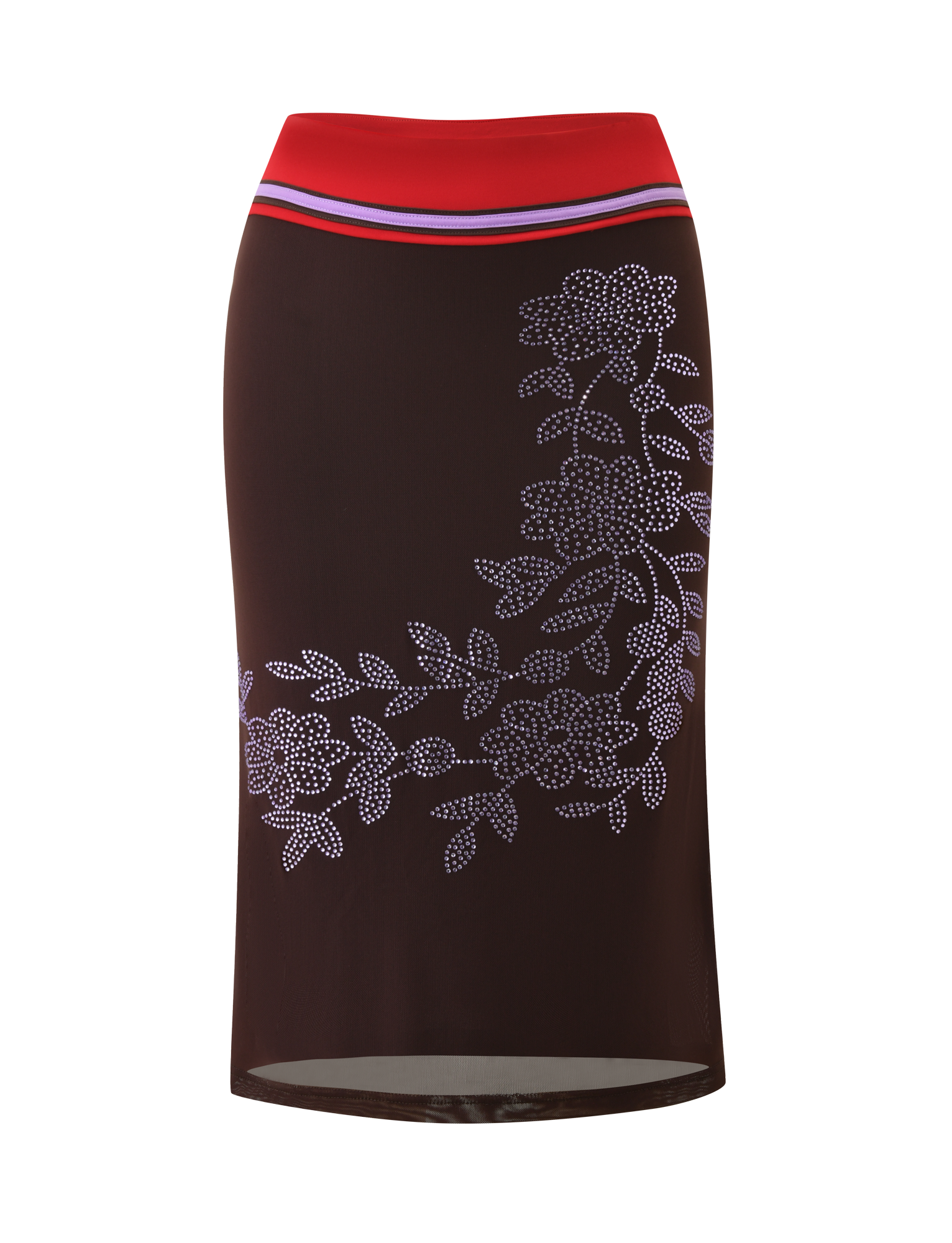 The TIGERMIST SERAH DIAMANTE MIDI SKIRT in chocolate is a mesh midi skirt with a red, blue, and pink striped waistband, a light purple floral detail on the right side, and a subtle 90's-inspired column silhouette.