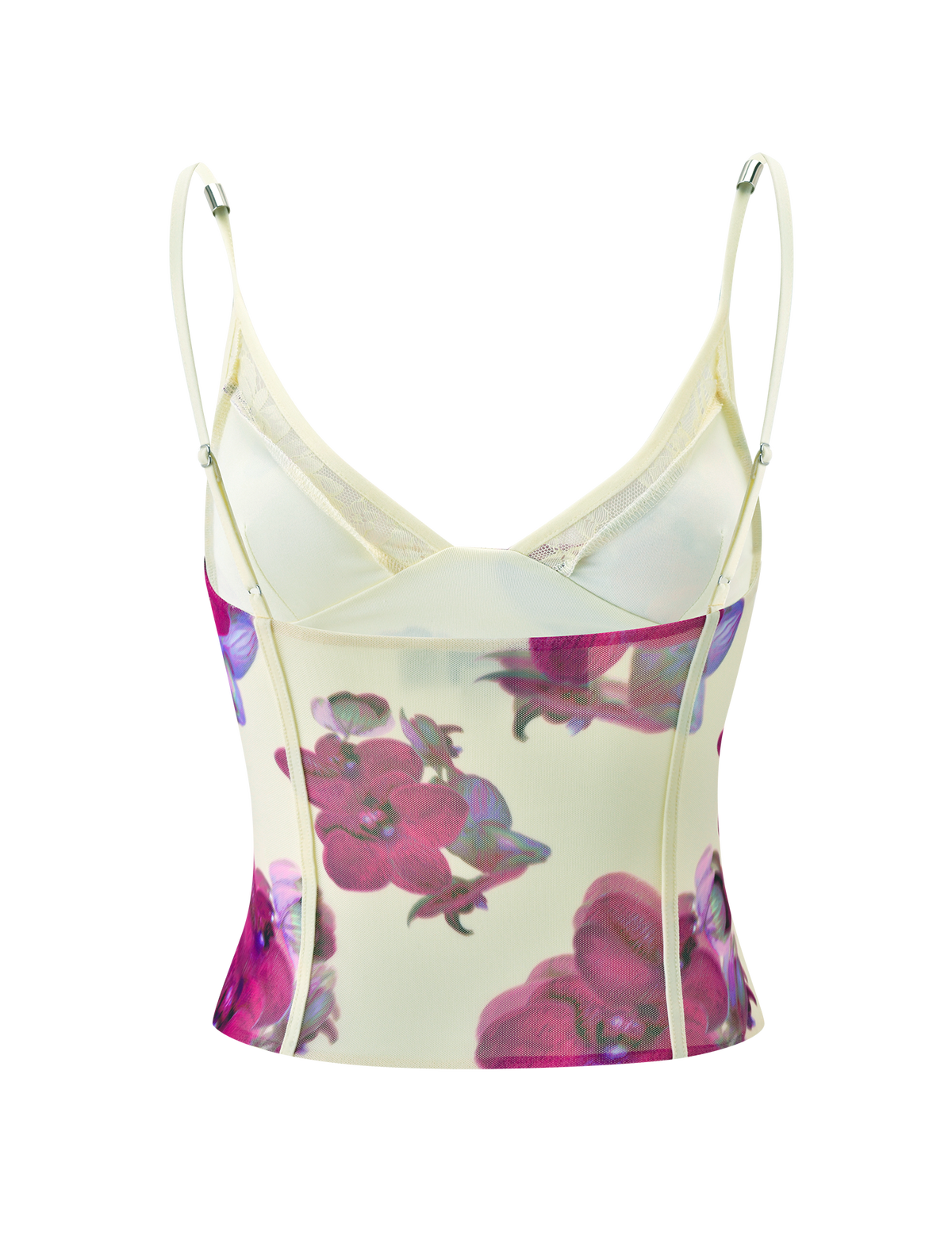 The TIGERMIST LILIAH PANEL CAMI TOP - ORCHID HAZE is a fitted, sleeveless mesh cami with thin adjustable straps, sheer cream fabric, vibrant pink and purple floral prints, seam detailing, and a deep V neckline.