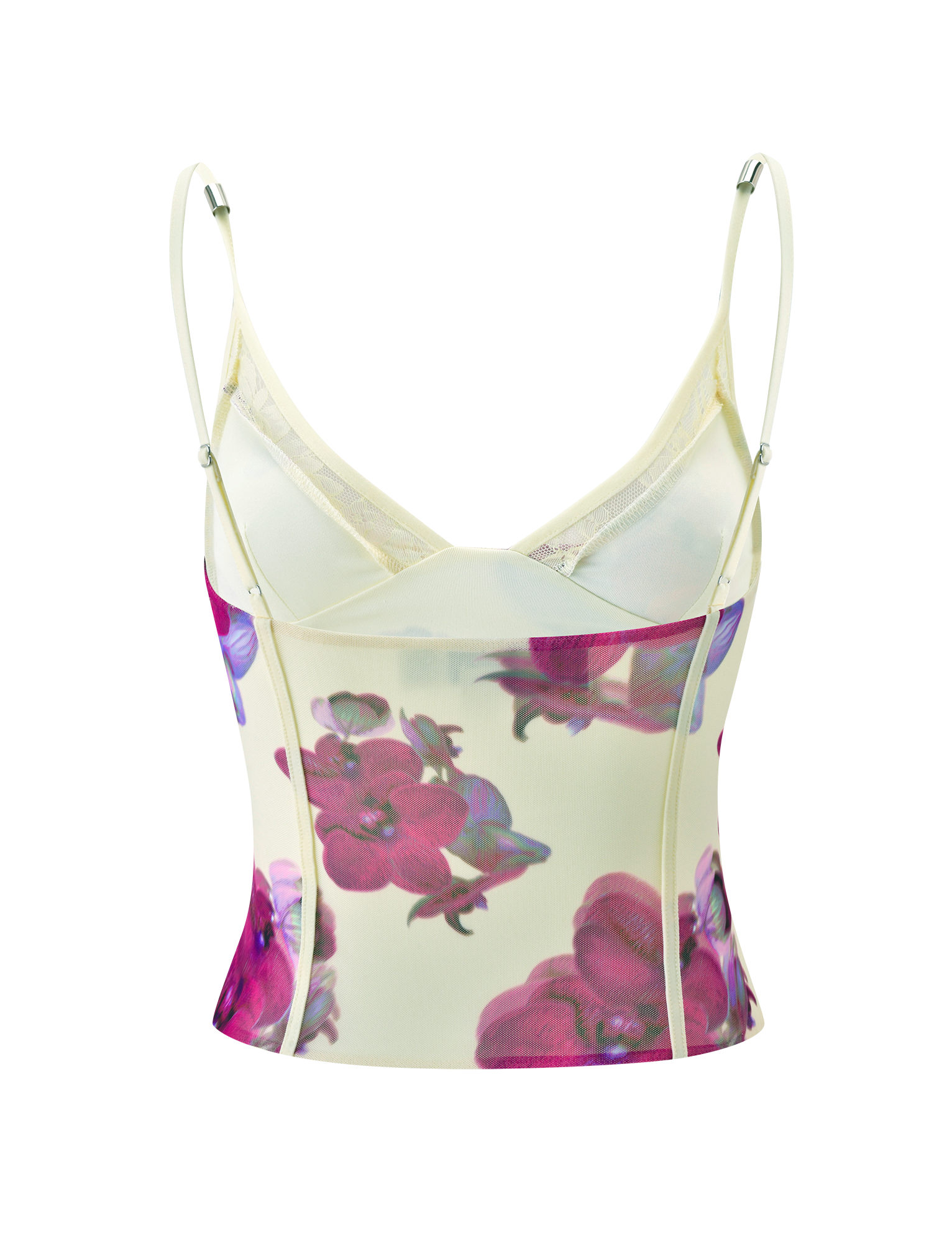 The TIGERMIST LILIAH PANEL CAMI TOP - ORCHID HAZE is a fitted, sleeveless mesh cami with thin adjustable straps, sheer cream fabric, vibrant pink and purple floral prints, seam detailing, and a deep V neckline.