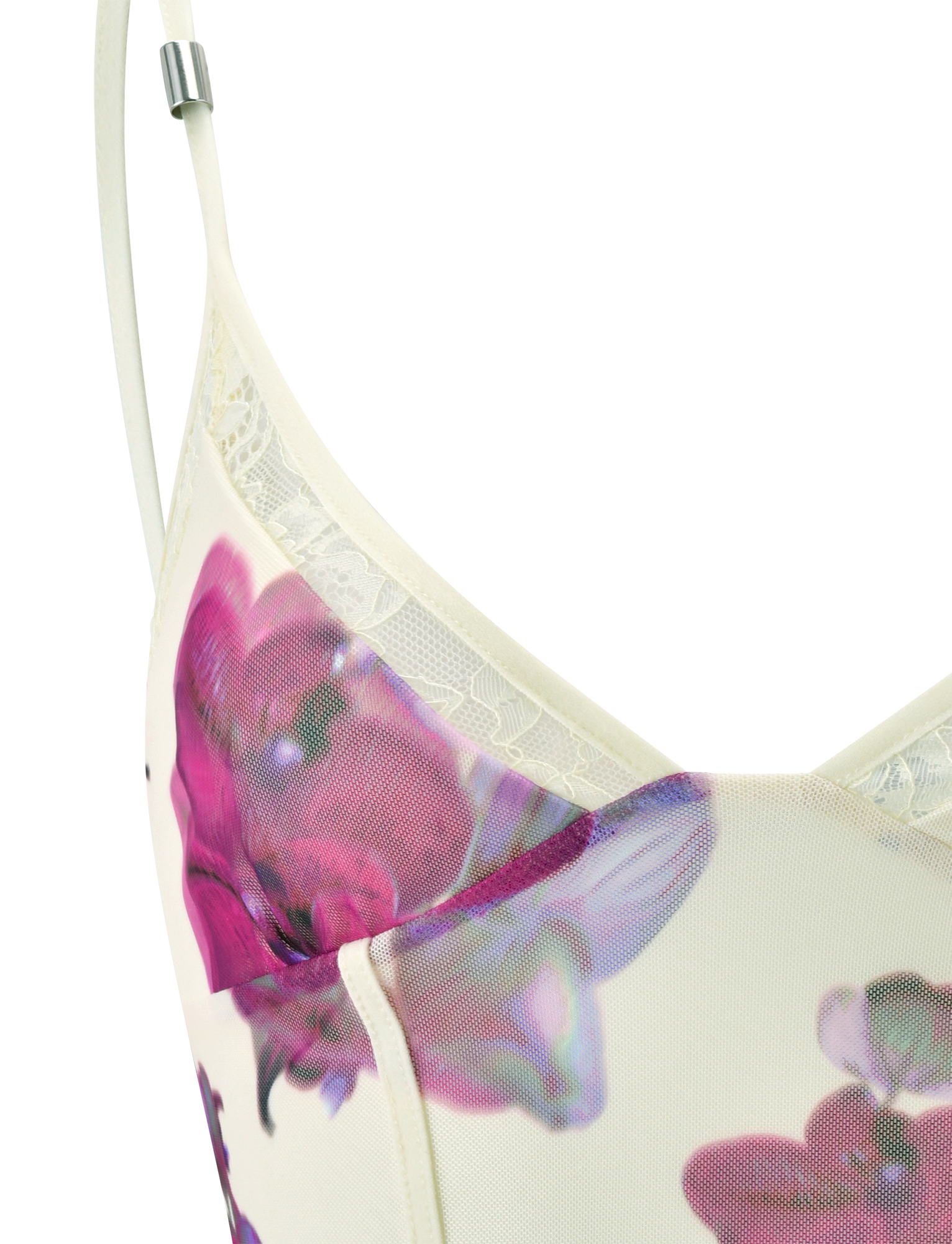 Close-up of the TIGERMIST LILIAH PANEL CAMI TOP in Orchid Haze, featuring thin straps, a purple and pink floral print, and delicate lace trim along the neckline.