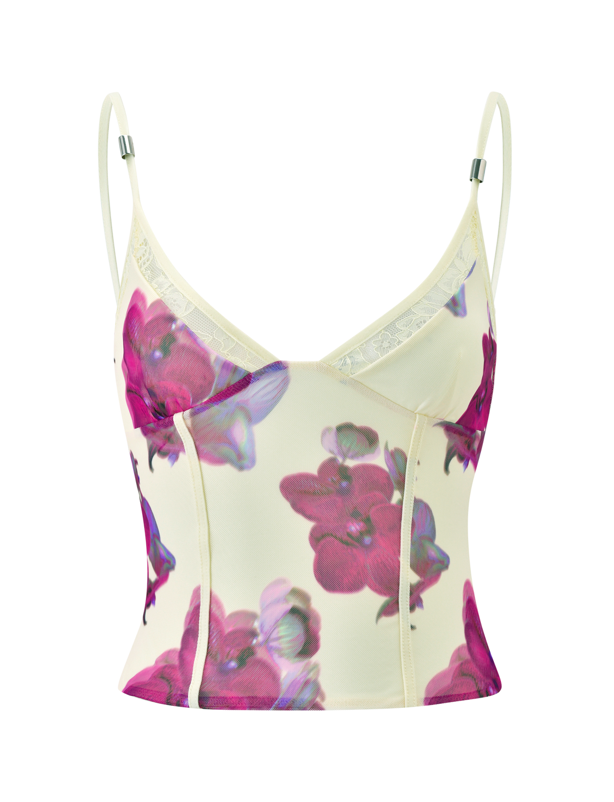 The LILIAH PANEL CAMI TOP - ORCHID HAZE by TIGERMIST features a cream mesh design with thin adjustable straps, light boning, and bold pink and purple floral patterns.