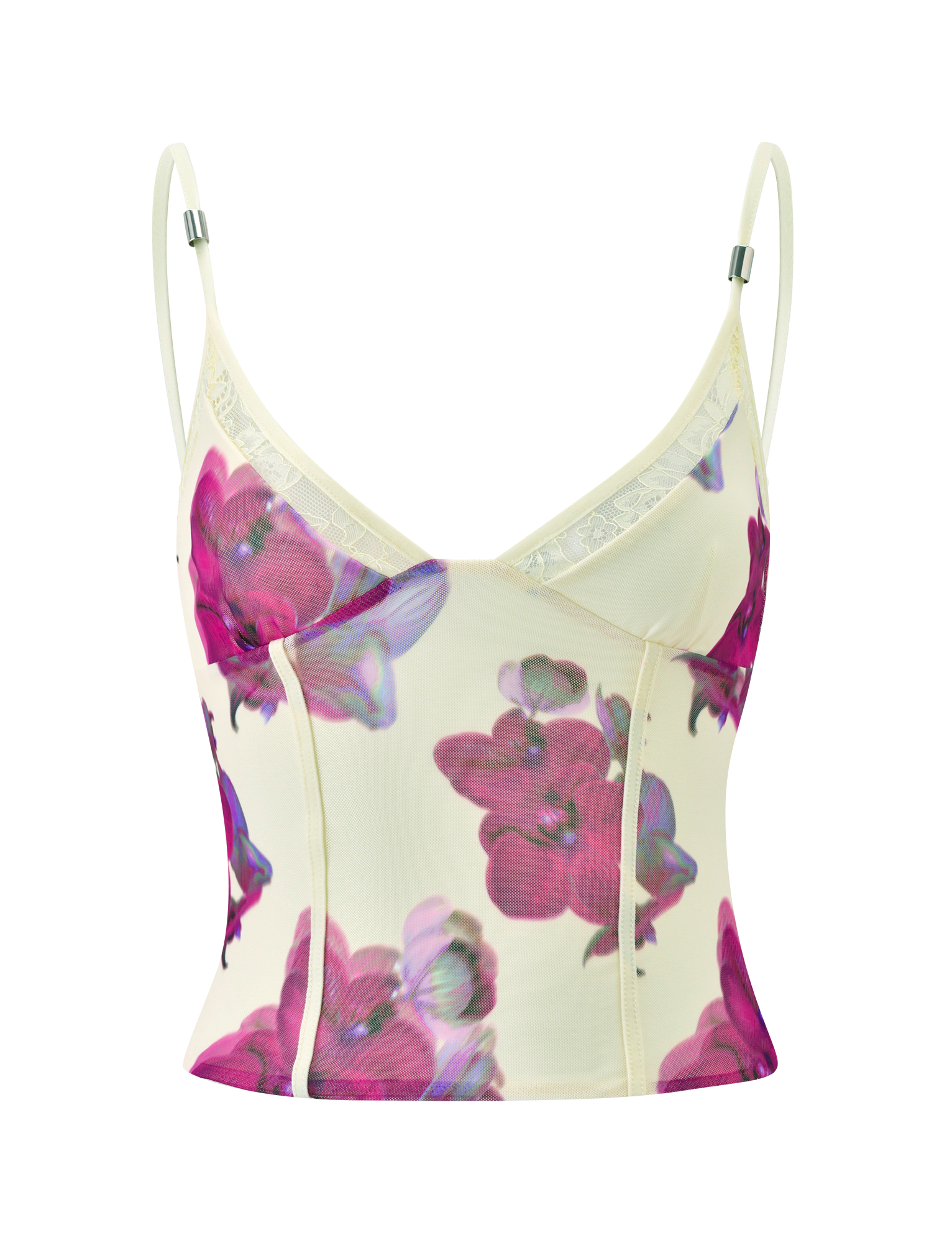 The LILIAH PANEL CAMI TOP - ORCHID HAZE by TIGERMIST features a cream mesh design with thin adjustable straps, light boning, and bold pink and purple floral patterns.