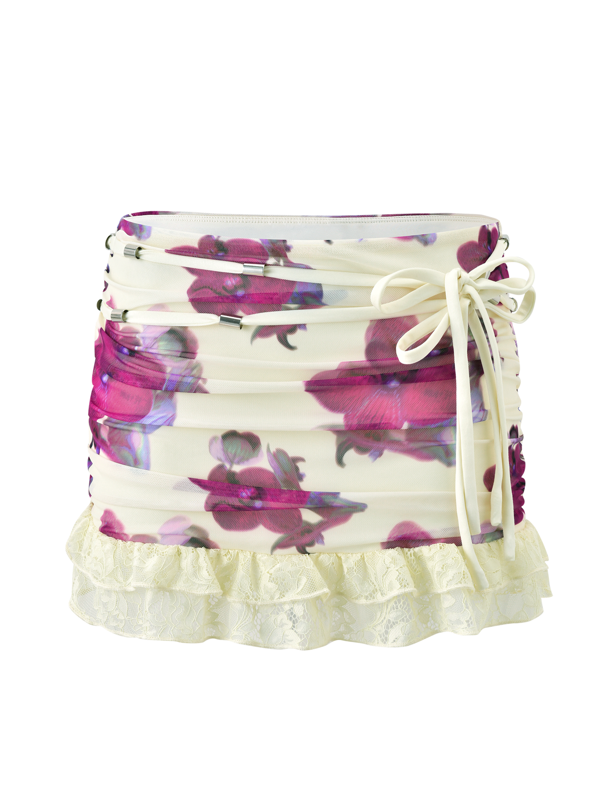 The TIGERMIST LILIAH MINI SKIRT - ORCHID HAZE features a cream floral mesh with pink orchid print, ruched sides, side tie detail, and a ruffled lace hem.