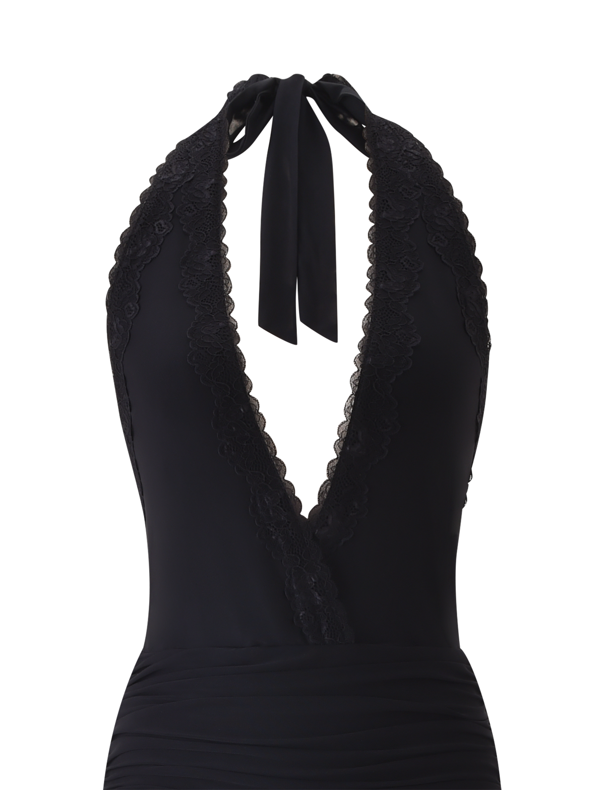 The CORELLE DRESS - BLACK by TIGERMIST is a chic halter-neck dress with a deep V lace-edged neckline, tie neck, and ruched detailing—ideal for lovers of stylish halter silhouettes.