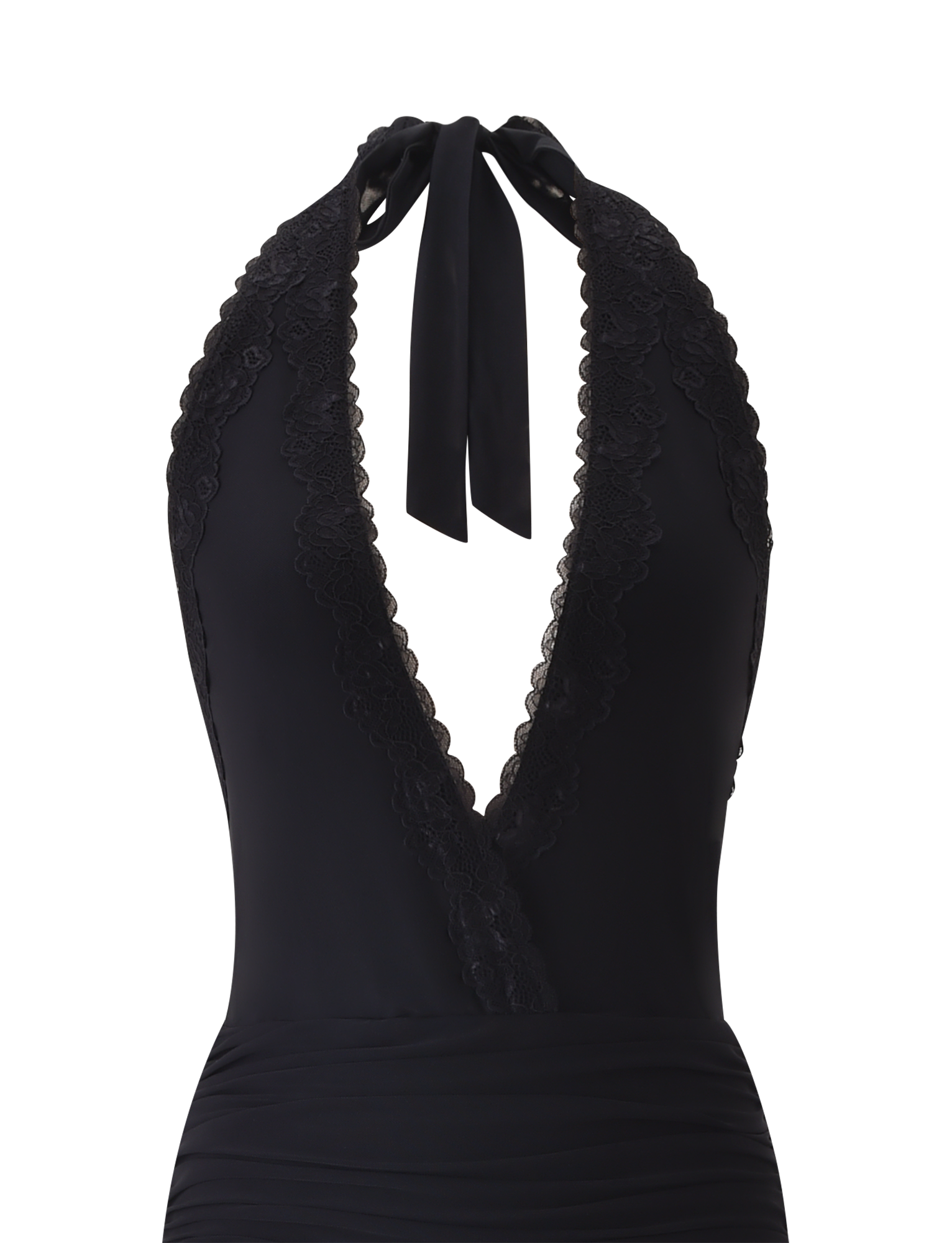 The CORELLE DRESS - BLACK by TIGERMIST is a chic halter-neck dress with a deep V lace-edged neckline, tie neck, and ruched detailing—ideal for lovers of stylish halter silhouettes.