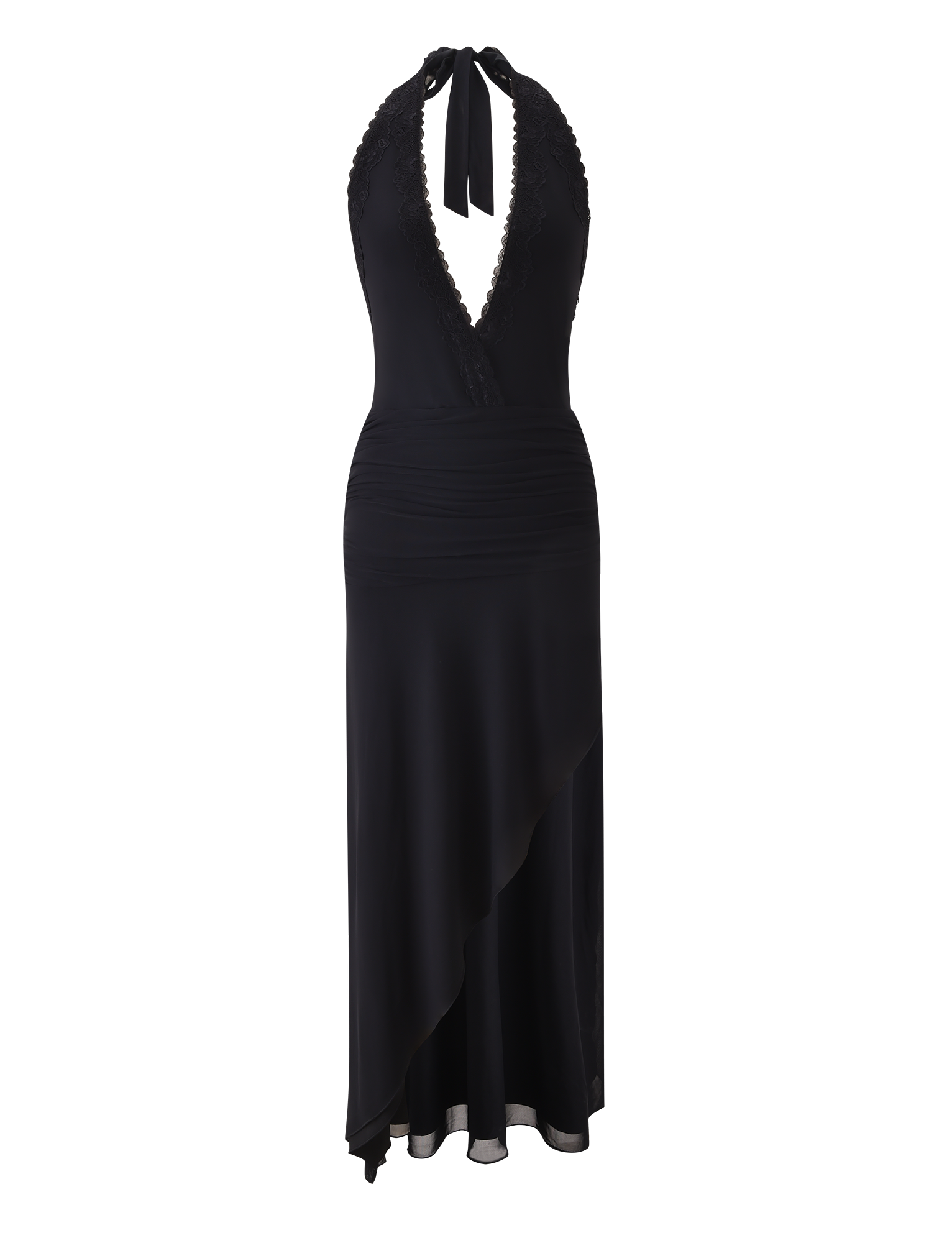 The CORELLE DRESS - BLACK by TIGERMIST is a sleeveless, backless maxi dress featuring a halter neck, deep V-neckline, ruched bodice, and asymmetrical hem—an elegant choice for making a statement.
