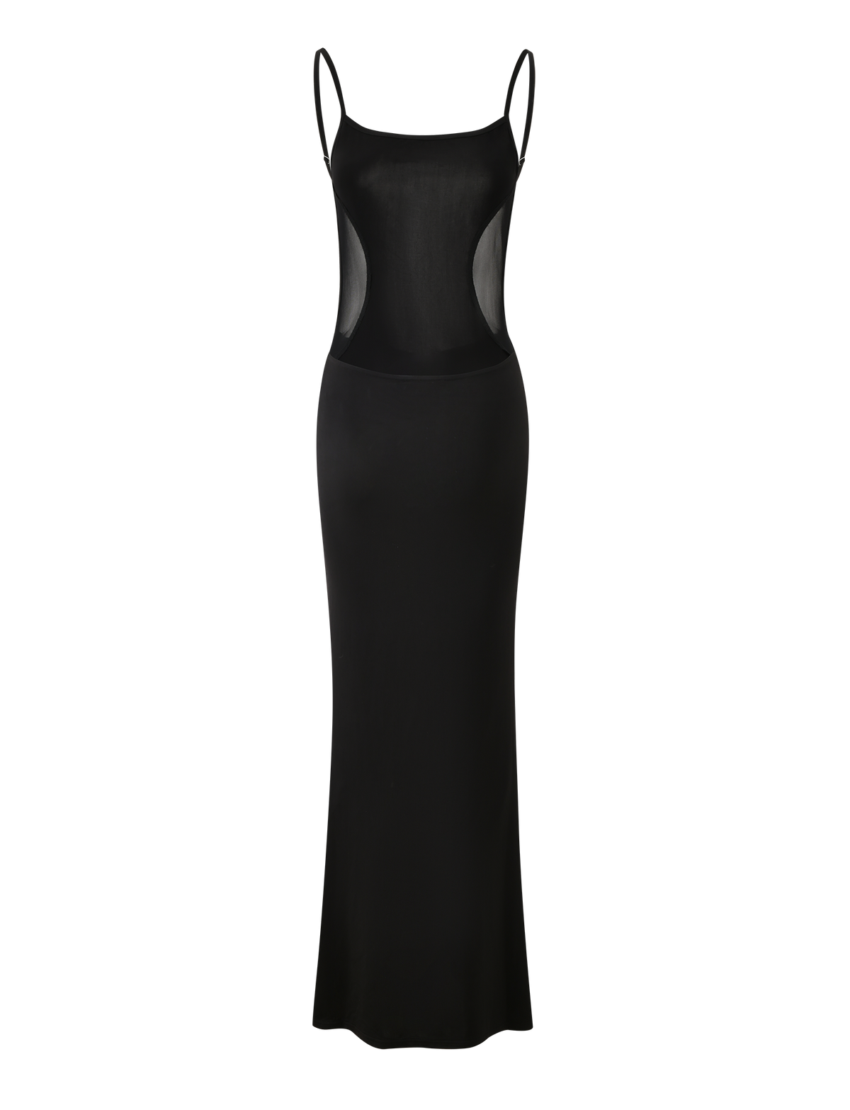 The XINIA MAXI DRESS - BLACK by TIGERMIST features a long black design with adjustable shoulder straps and sheer mesh side panels, creating a chic, see-through waist effect.