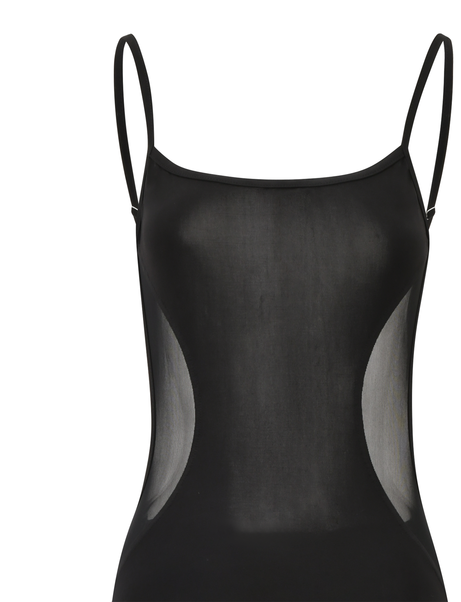 A close-up of the TIGERMIST XINIA MAXI DRESS in black, featuring adjustable shoulder straps and mesh side panels, displayed on a white background.