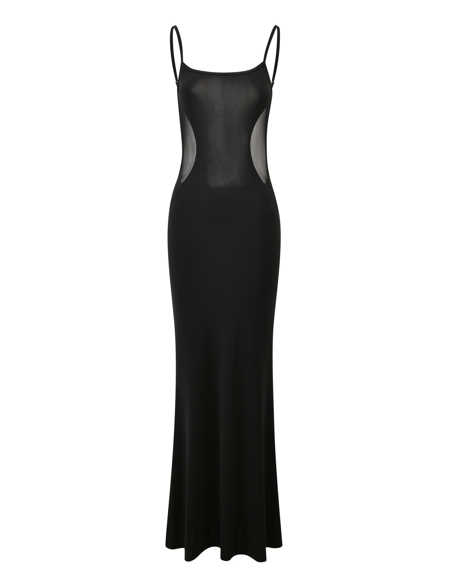 The XINIA MAXI DRESS - BLACK by TIGERMIST is a sleeveless, floor-length dress with thin adjustable straps and sheer mesh side panels, shown on a plain white background.