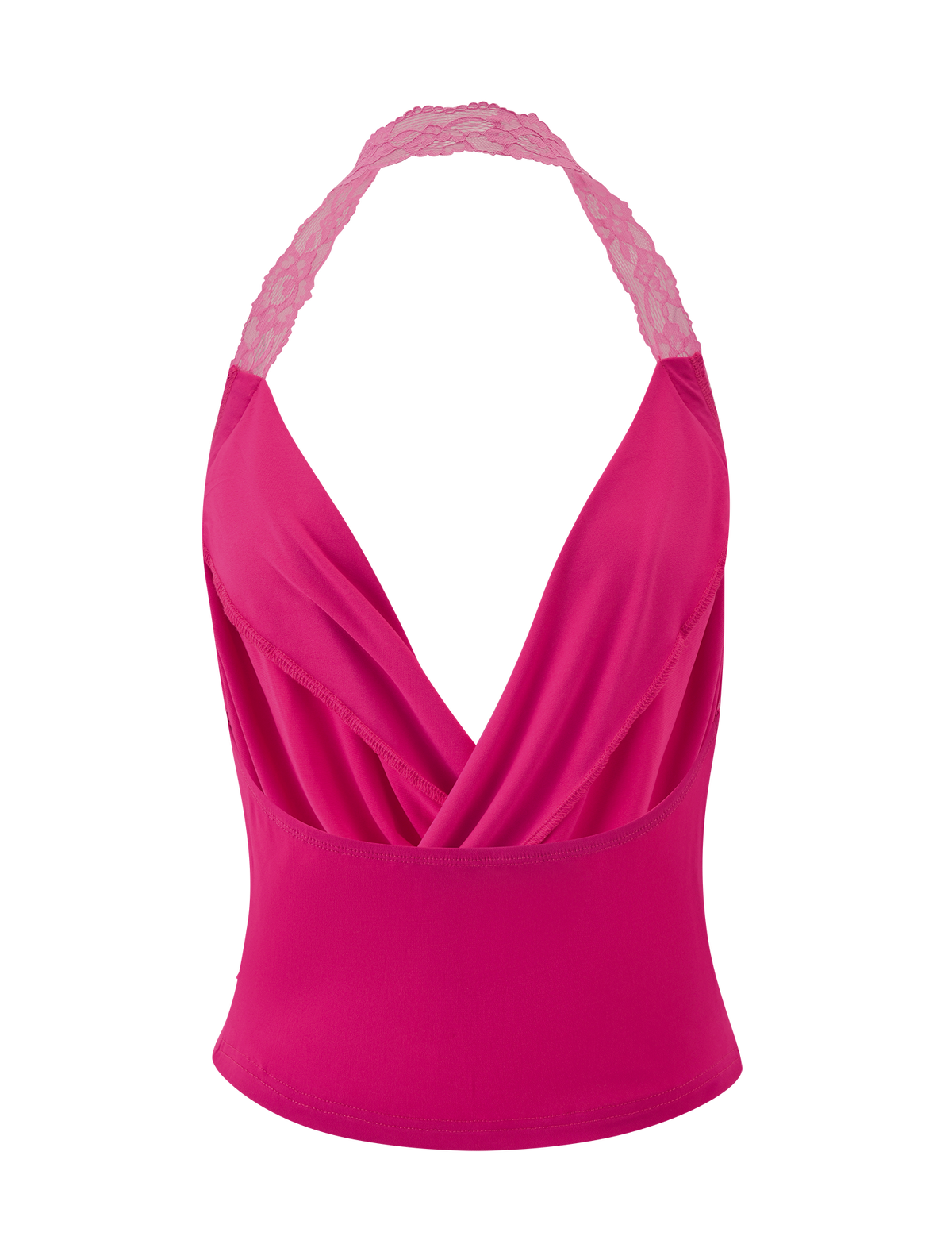The TIGERMIST PERSI TOP - MAGENTA features a cowl neck, deep V-neckline, draped front, stretch lace halter straps, smooth stretchy fabric, and a fitted silhouette.