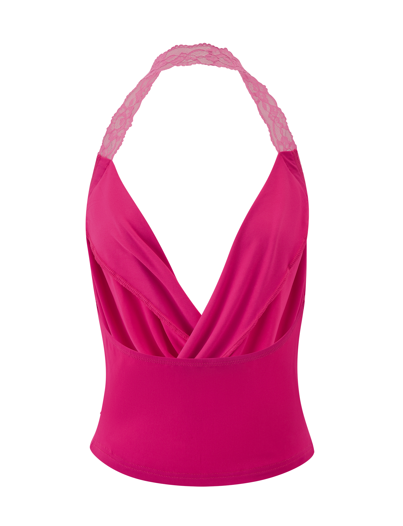 The TIGERMIST PERSI TOP - MAGENTA features a cowl neck, deep V-neckline, draped front, stretch lace halter straps, smooth stretchy fabric, and a fitted silhouette.