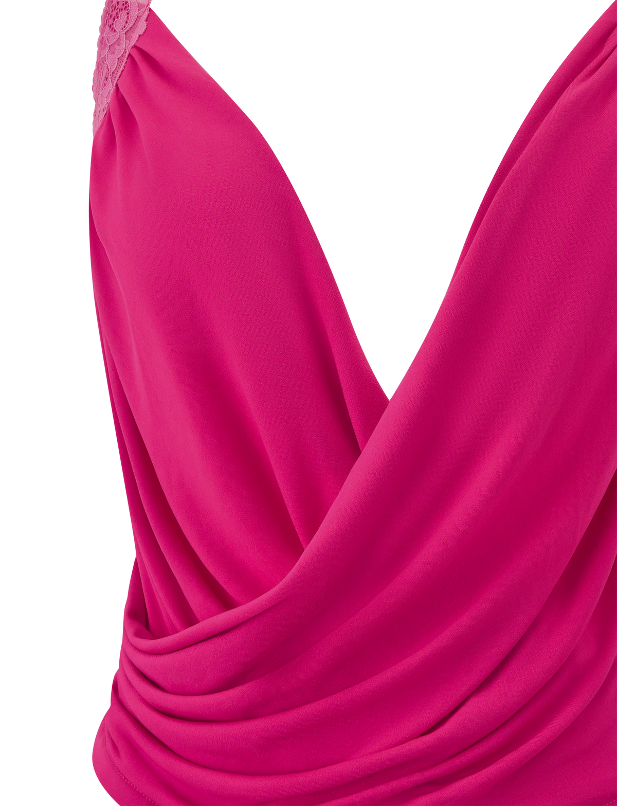Close-up of the PERSI TOP in magenta by TIGERMIST, featuring a vibrant pink hue, draped cowl neck, sleeveless design, deep V-neckline, and delicate lace detailing on one shoulder.