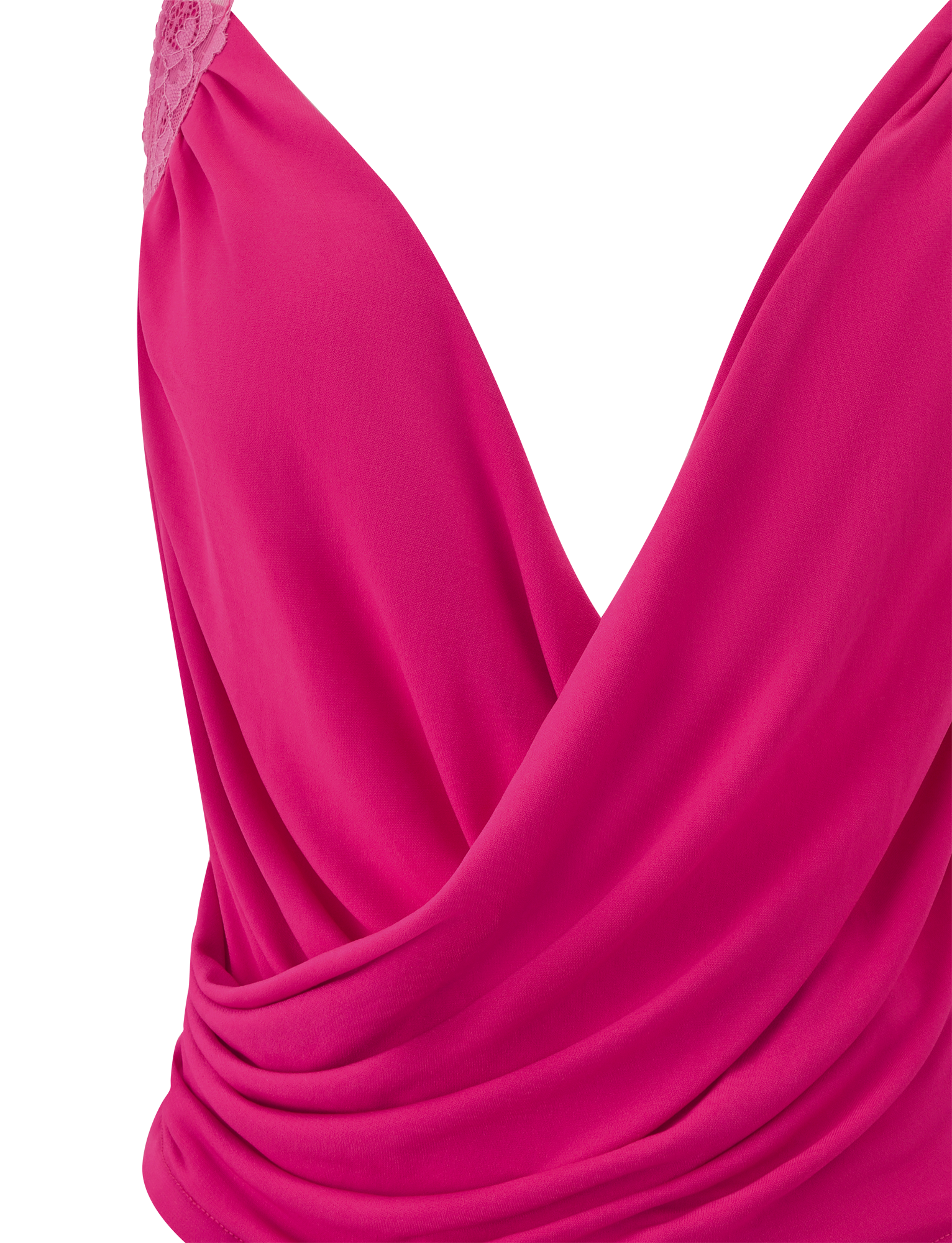 Close-up of the PERSI TOP in magenta by TIGERMIST, featuring a vibrant pink hue, draped cowl neck, sleeveless design, deep V-neckline, and delicate lace detailing on one shoulder.