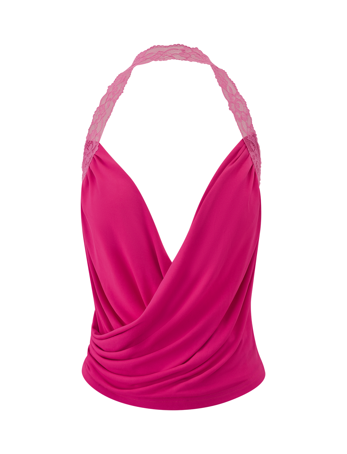 The PERSI TOP - MAGENTA by TIGERMIST features a bright magenta cowl neck, deep V-neckline, draped front, and stretch lace halter straps, shown against a white background.