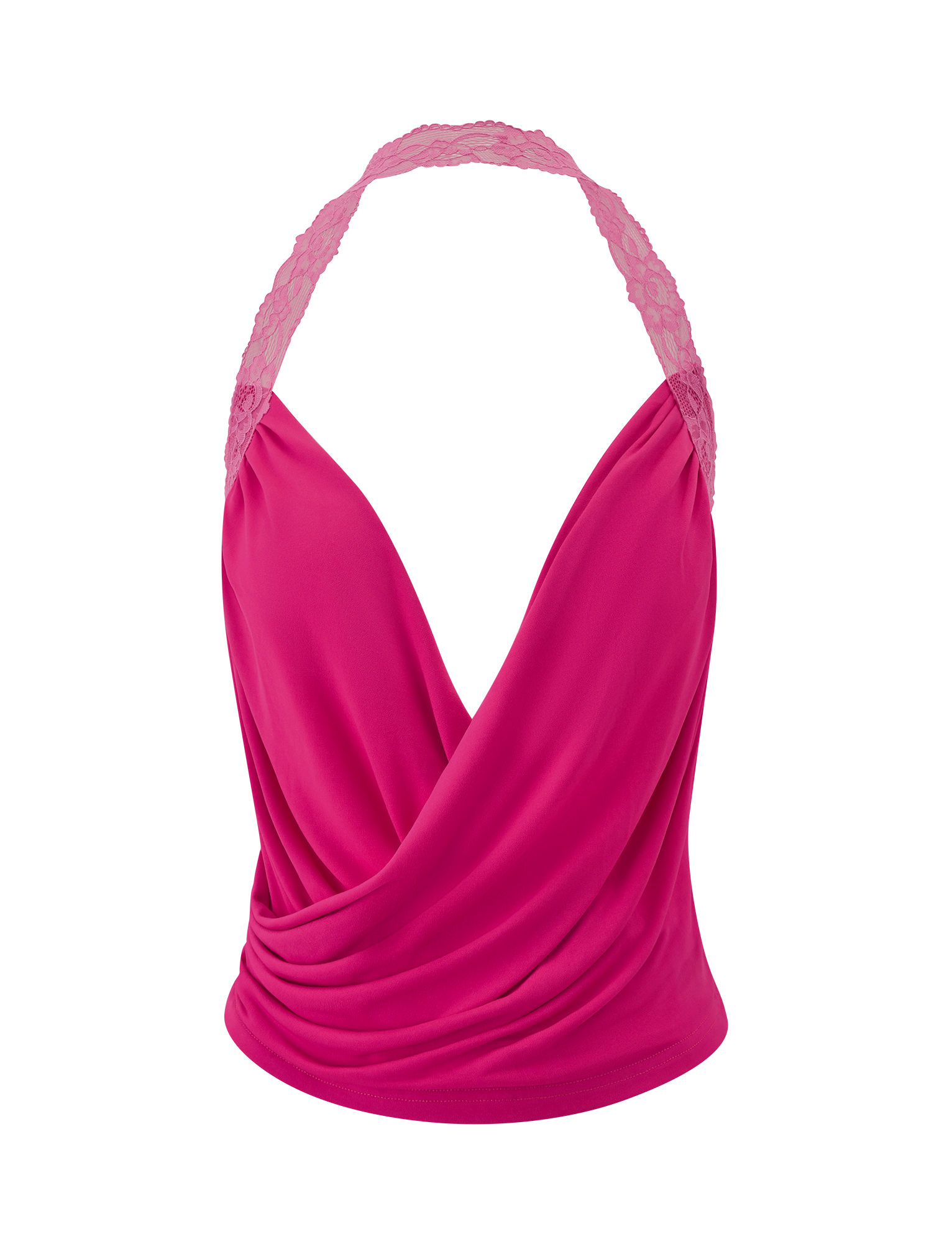 The PERSI TOP - MAGENTA by TIGERMIST features a bright magenta cowl neck, deep V-neckline, draped front, and stretch lace halter straps, shown against a white background.