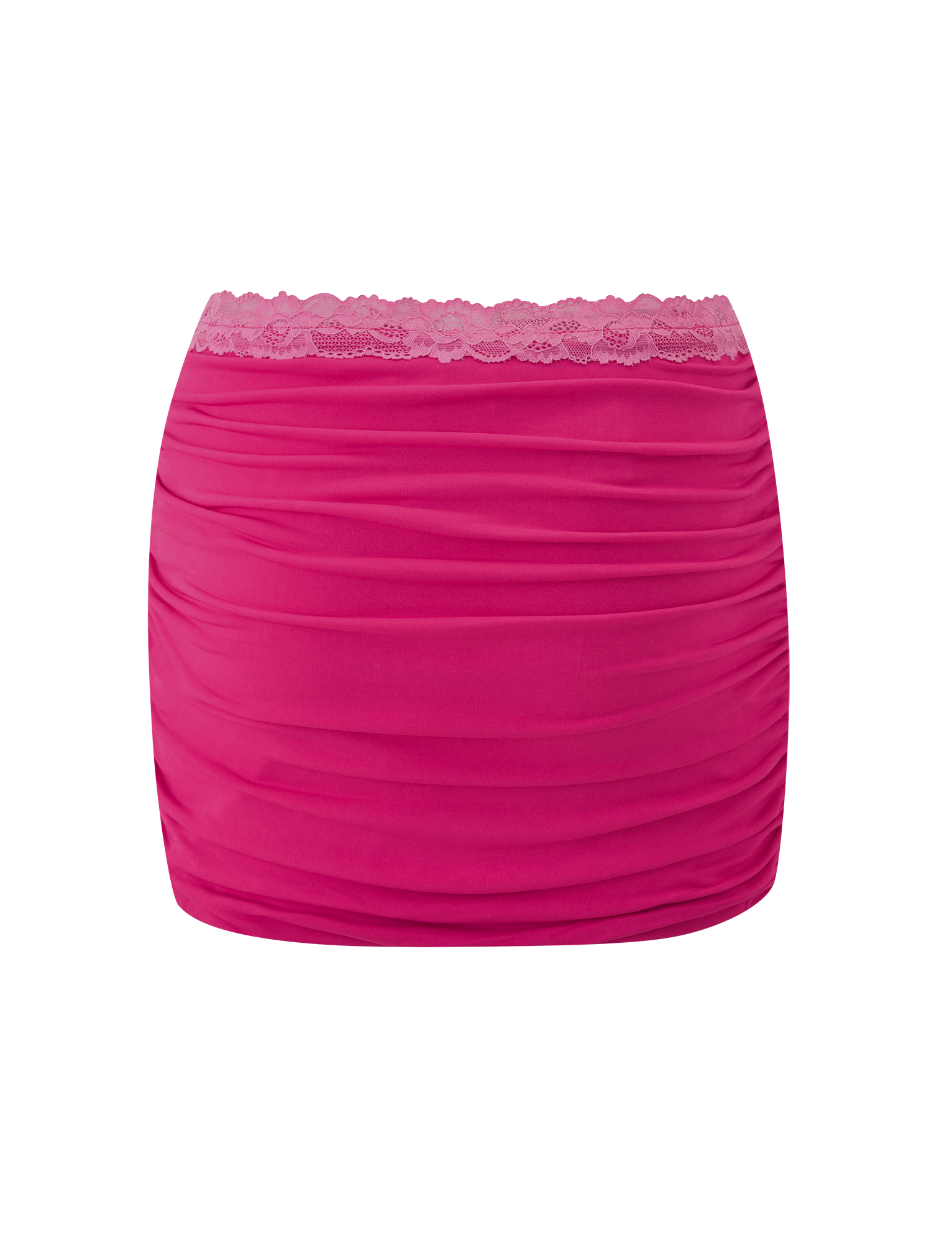 The TIGERMIST PERSI MINI SKIRT in magenta features a bodycon fit, ruching, and a scalloped lace waistband, shown on a plain white background.