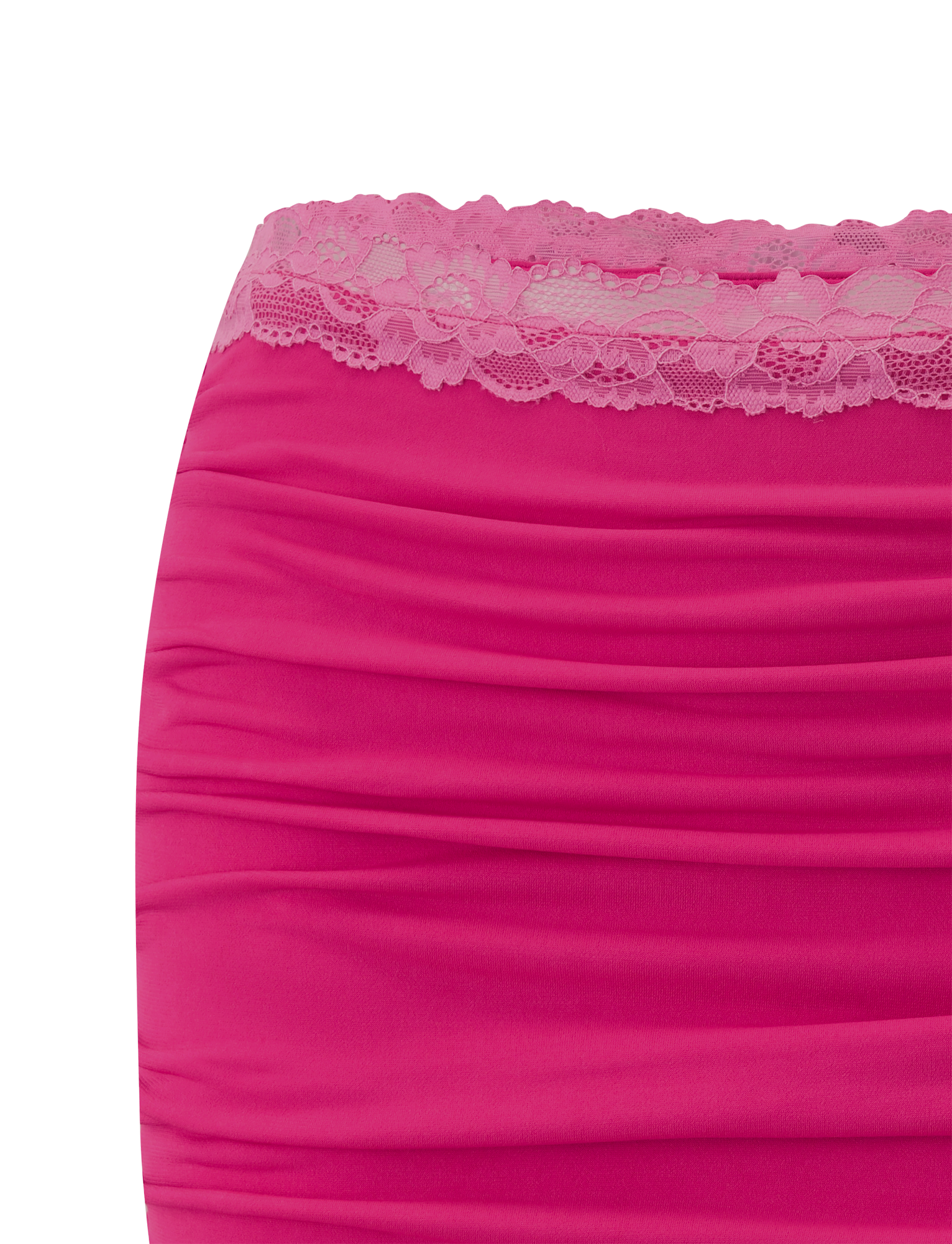 Close-up of the TIGERMIST PERSI MINI SKIRT in magenta, showcasing ruched fabric and a lace trim along the top edge.