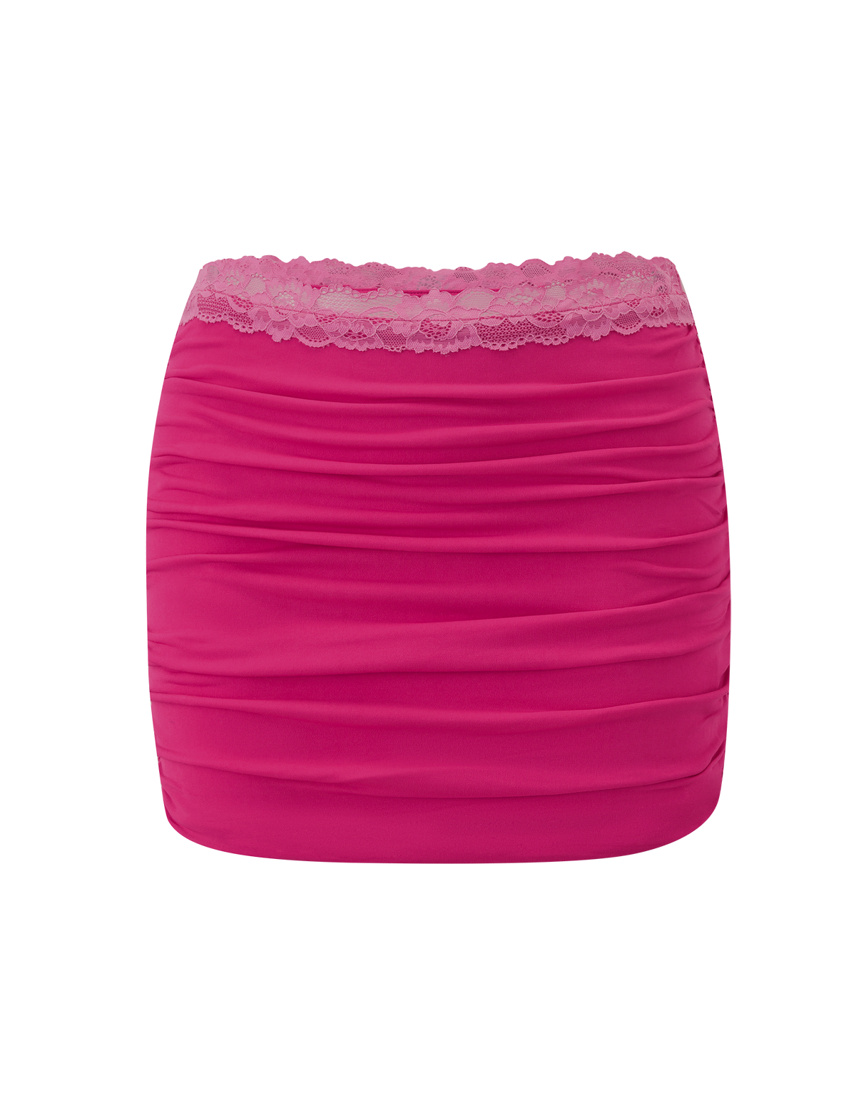 The PERSI MINI SKIRT - MAGENTA by TIGERMIST features a magenta pink bodycon fit with ruched details and a lace waistband, shown against a plain white background.
