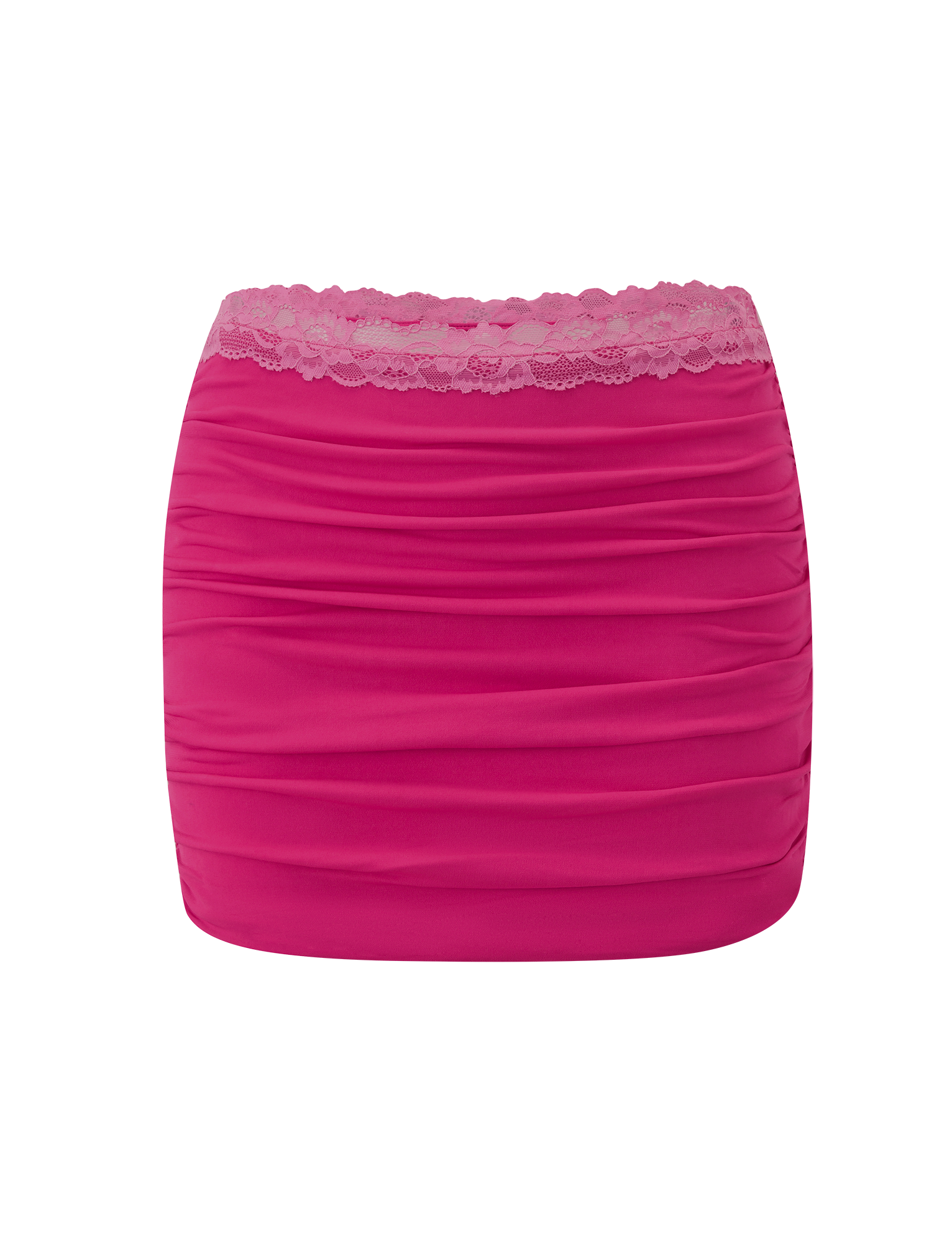 The PERSI MINI SKIRT - MAGENTA by TIGERMIST features a magenta pink bodycon fit with ruched details and a lace waistband, shown against a plain white background.