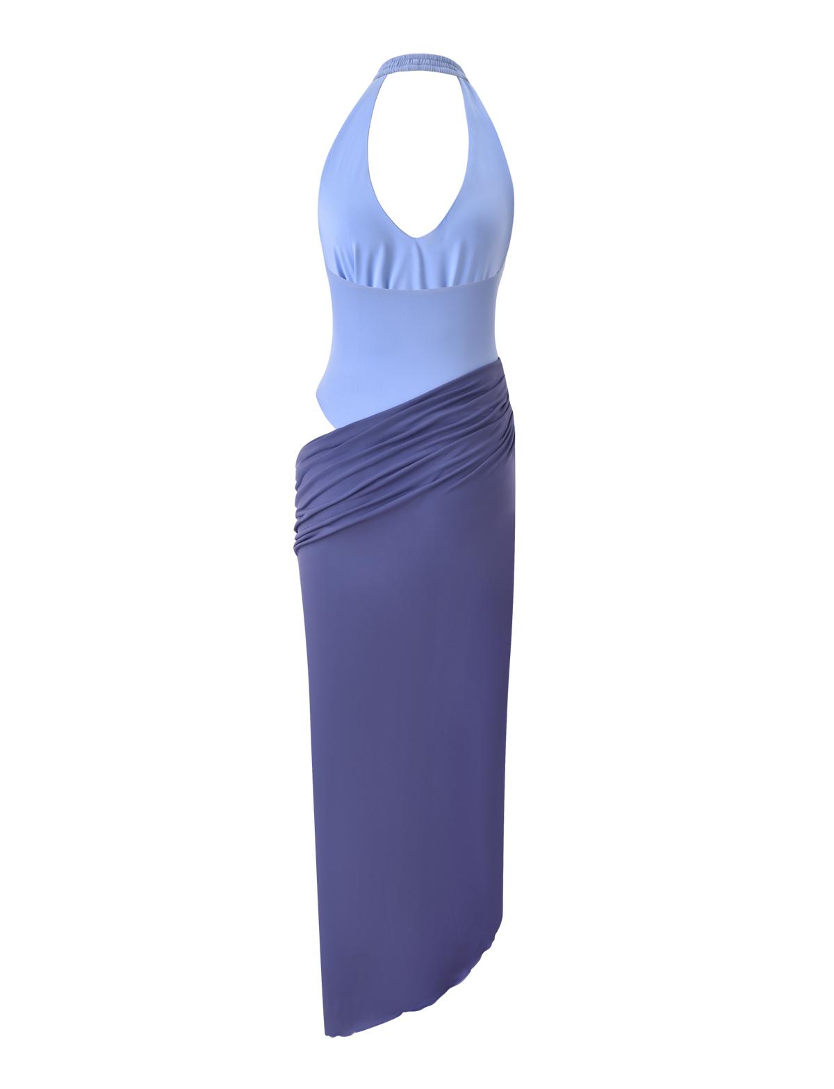 The TYANA MAXI DRESS - CORNFLOWER by TIGERMIST is a sleeveless halter neck maxi dress with a light blue fitted top and a ruched deep blue skirt, shown on a white background.