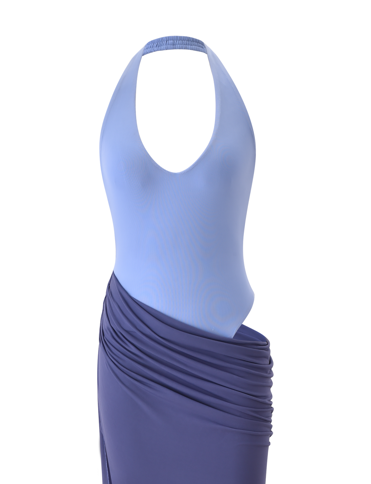 The TIGERMIST TYANA MAXI DRESS - CORNFLOWER is a halter neck maxi featuring a light blue fitted bodice with plunging neckline and deep blue, draped ruched skirt, shown on a white background.