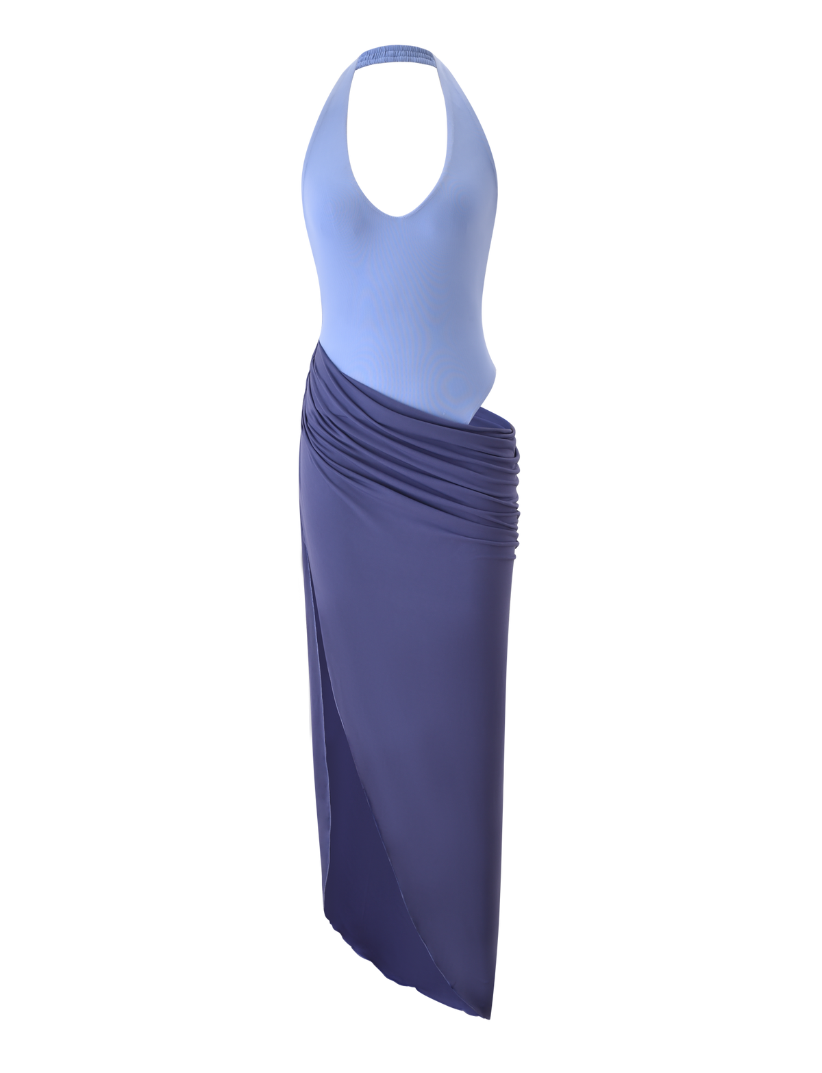 The TIGERMIST TYANA MAXI DRESS - CORNFLOWER is a sleeveless halter neck dress with a bodysuit-style top and a long, dark blue asymmetrical ruched skirt, shown on a white background.