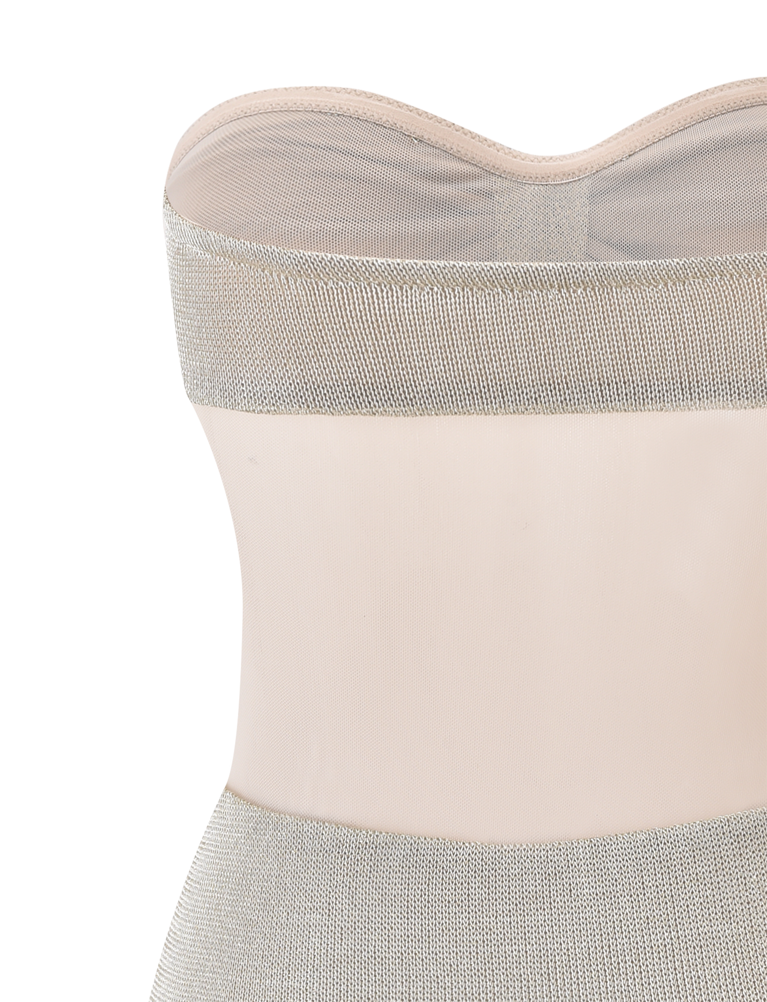 Close-up of the TIGERMIST ESTE MINI DRESS - CHAMPAGNE, featuring a strapless sweetheart neckline and structured bodice with metallic textured panels in silver and nude semi-sheer mesh. Plain white background.